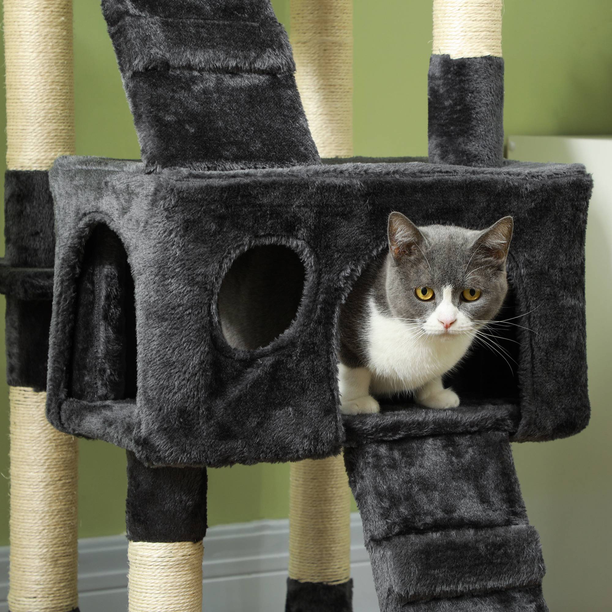 Grand arbre à chat sisal peluche multi activités avec abris 49x49x173 cm gris - ComfortXL Outdoor Living - Image 10