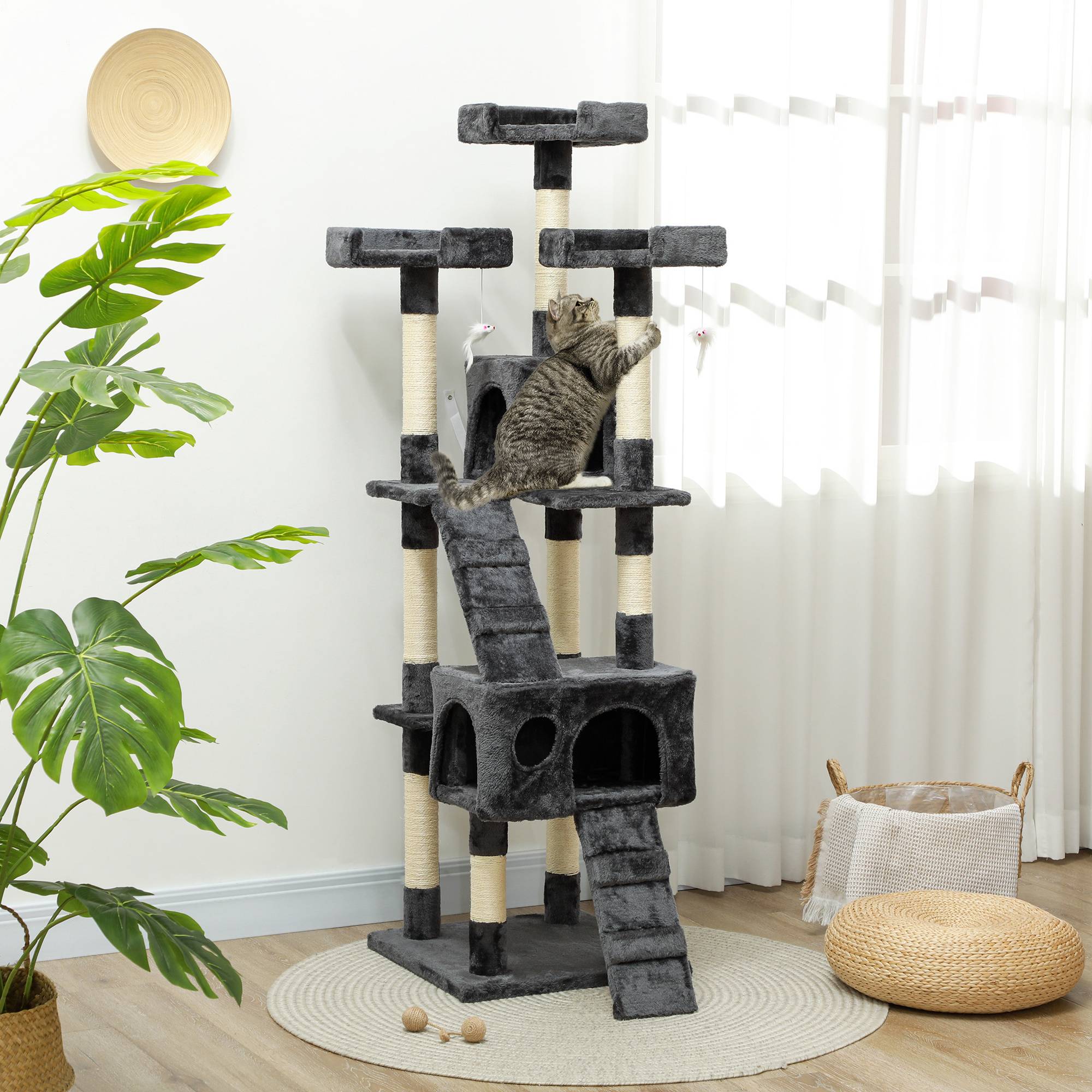 Grand arbre à chat sisal peluche multi activités avec abris 49x49x173 cm gris - ComfortXL Outdoor Living - Image 4