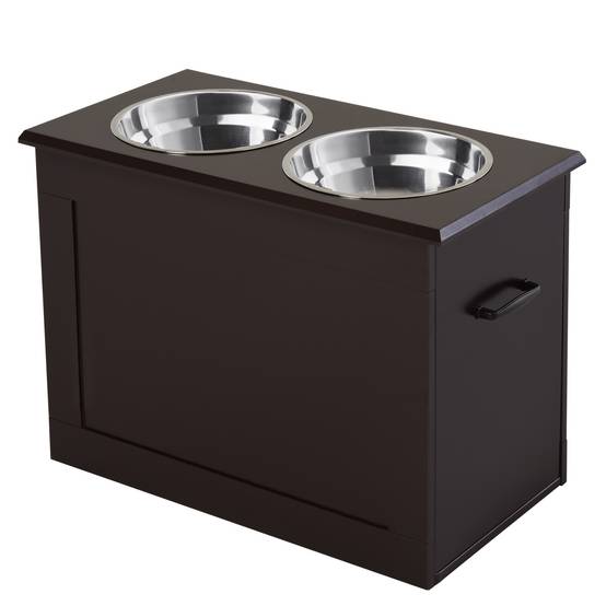 Sans Marque - Gamelles chiens surélevées double chien chat 60x30x41 cm 2 gamelles 2L poignées coffre bois chocolat - Image 2
