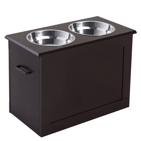 Sans Marque - Gamelles chiens surélevées double chien chat 60x30x41 cm 2 gamelles 2L poignées coffre bois chocolat - Image 1
