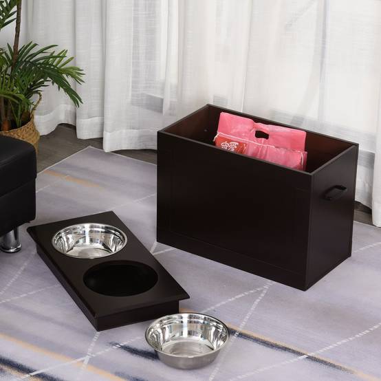 Sans Marque - Gamelles chiens surélevées double chien chat 60x30x41 cm 2 gamelles 2L poignées coffre bois chocolat - Image 4