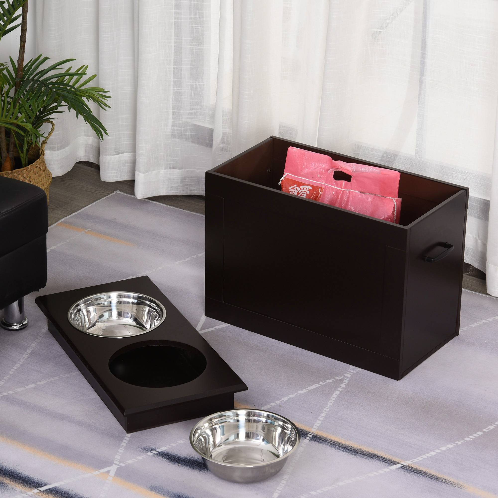 Sans Marque - Gamelles chiens surélevées double chien chat 60x30x41 cm 2 gamelles 2L poignées coffre bois chocolat - Image 4