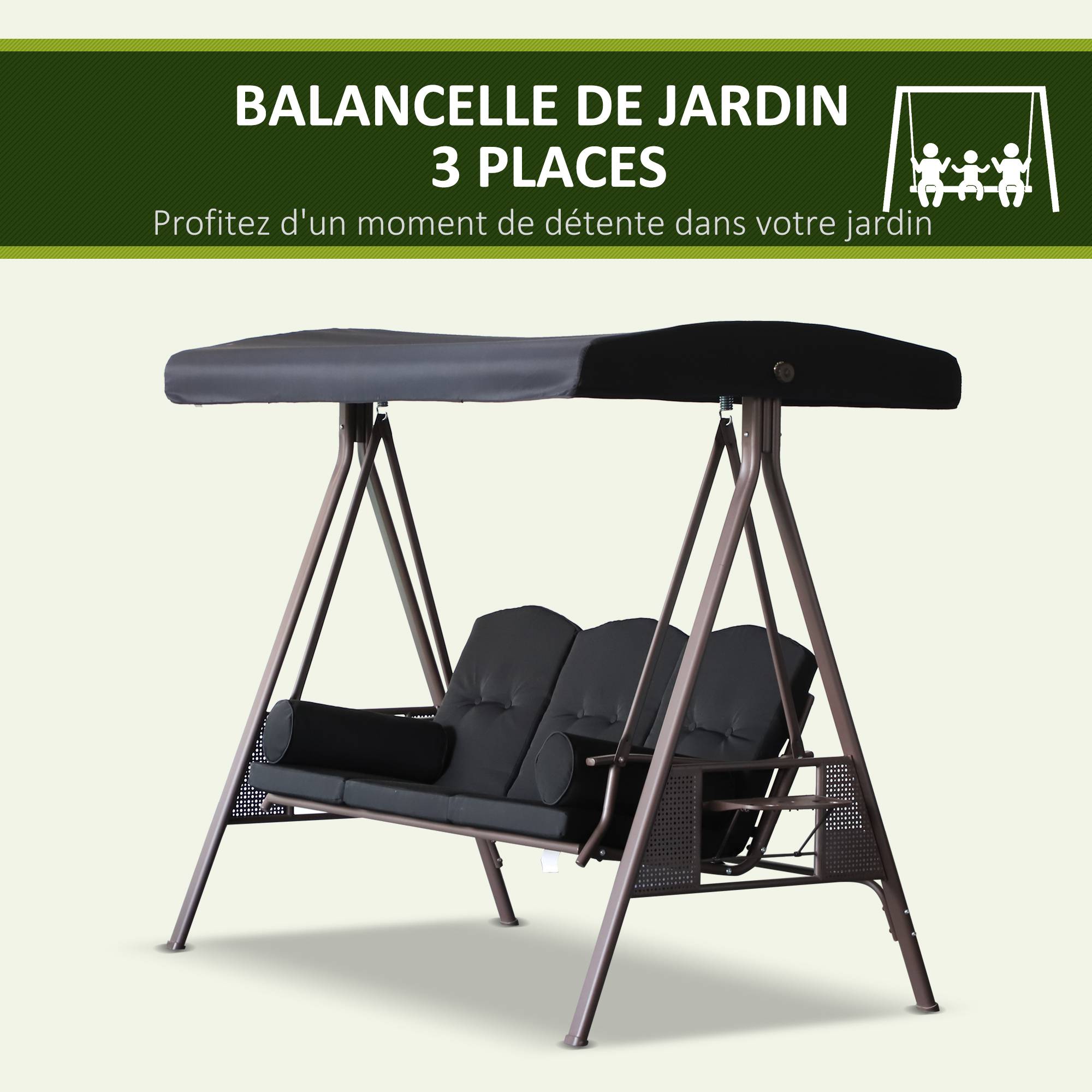 Outsunny - Balancelle de Jardin 3 Places Confort, Toit réglable, Coussins, Plateaux rétractables Polyester filé Noir - Outsunny - Image 4