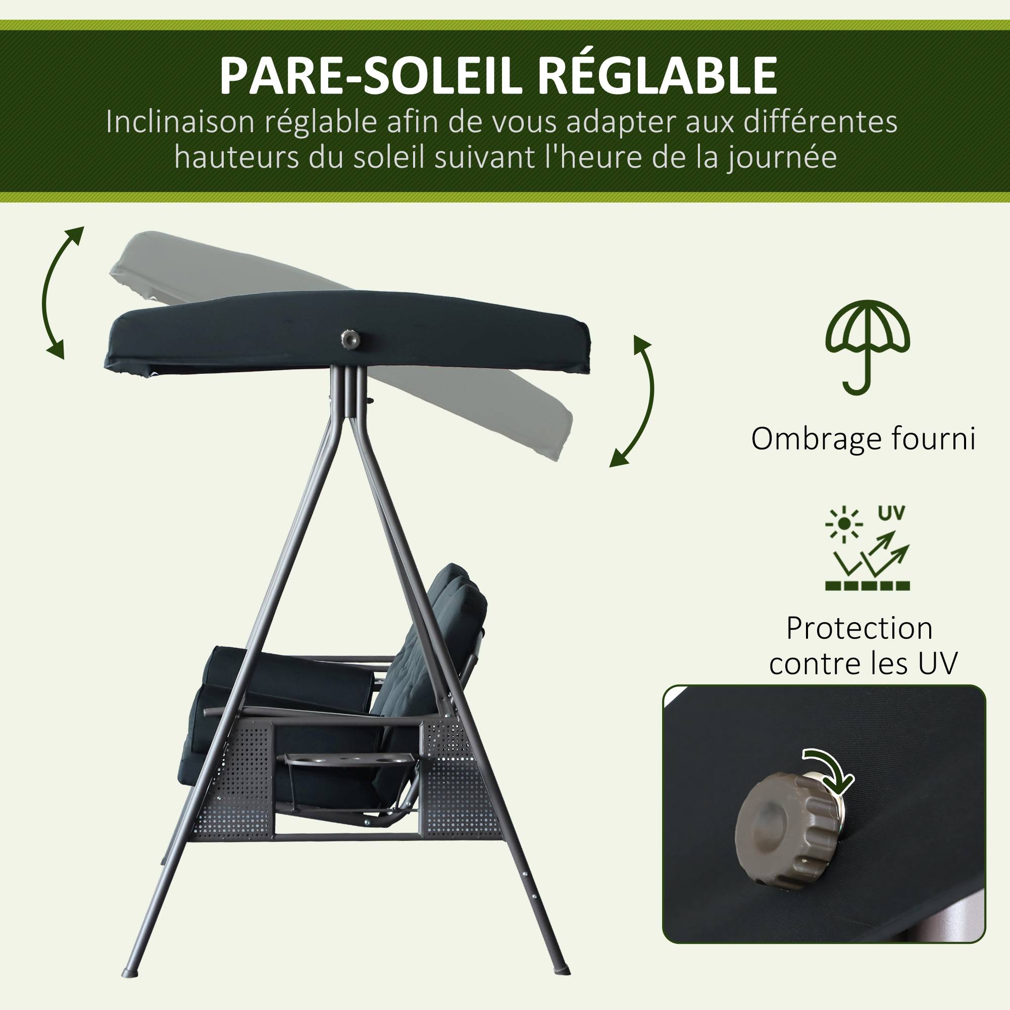 Outsunny - Balancelle de Jardin 3 Places Confort, Toit réglable, Coussins, Plateaux rétractables Polyester filé Noir - Outsunny - Image 5