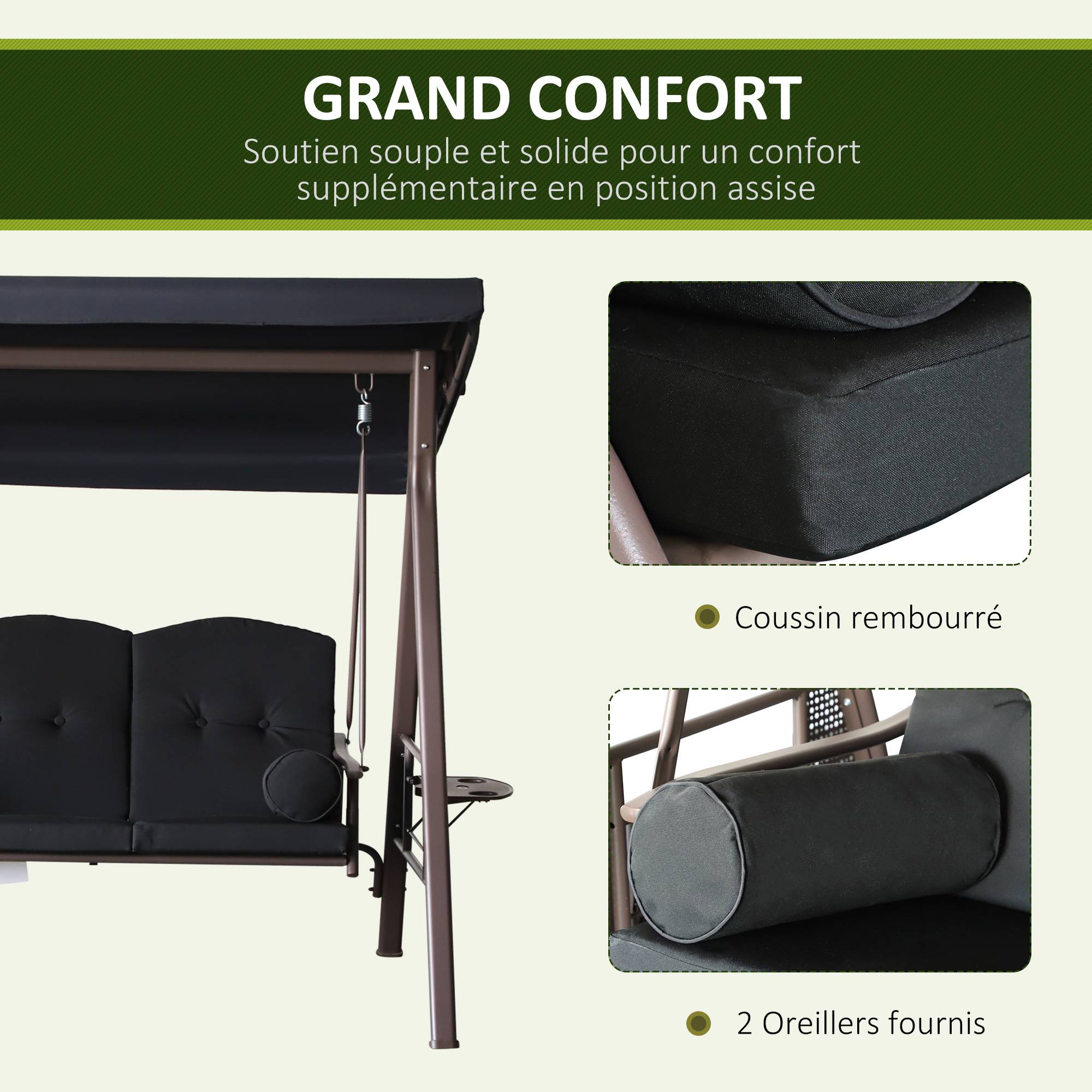 Outsunny - Balancelle de Jardin 3 Places Confort, Toit réglable, Coussins, Plateaux rétractables Polyester filé Noir - Outsunny - Image 6