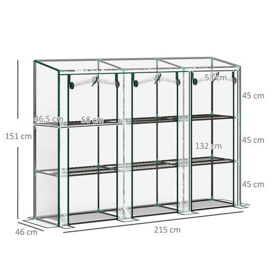 Serre de jardin avec étagères à 3 niveaux serre de balcon 3 portes enroulables zippées 215 x 46 x 151 cm transparent - Image 5