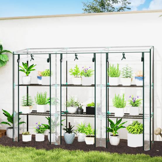 Serre de jardin avec étagères à 3 niveaux serre de balcon 3 portes enroulables zippées 215 x 46 x 151 cm transparent - Image 3