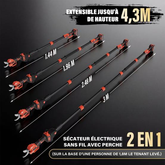 Teeno - Sécateur Électrique Avec Perche, 2-en-1 Secateur Electrique Sans Fil Télescopique, Portée Totale 4.3 m, Coupe 50 mm, 2 * 4,0Ah Batteries - Image 2