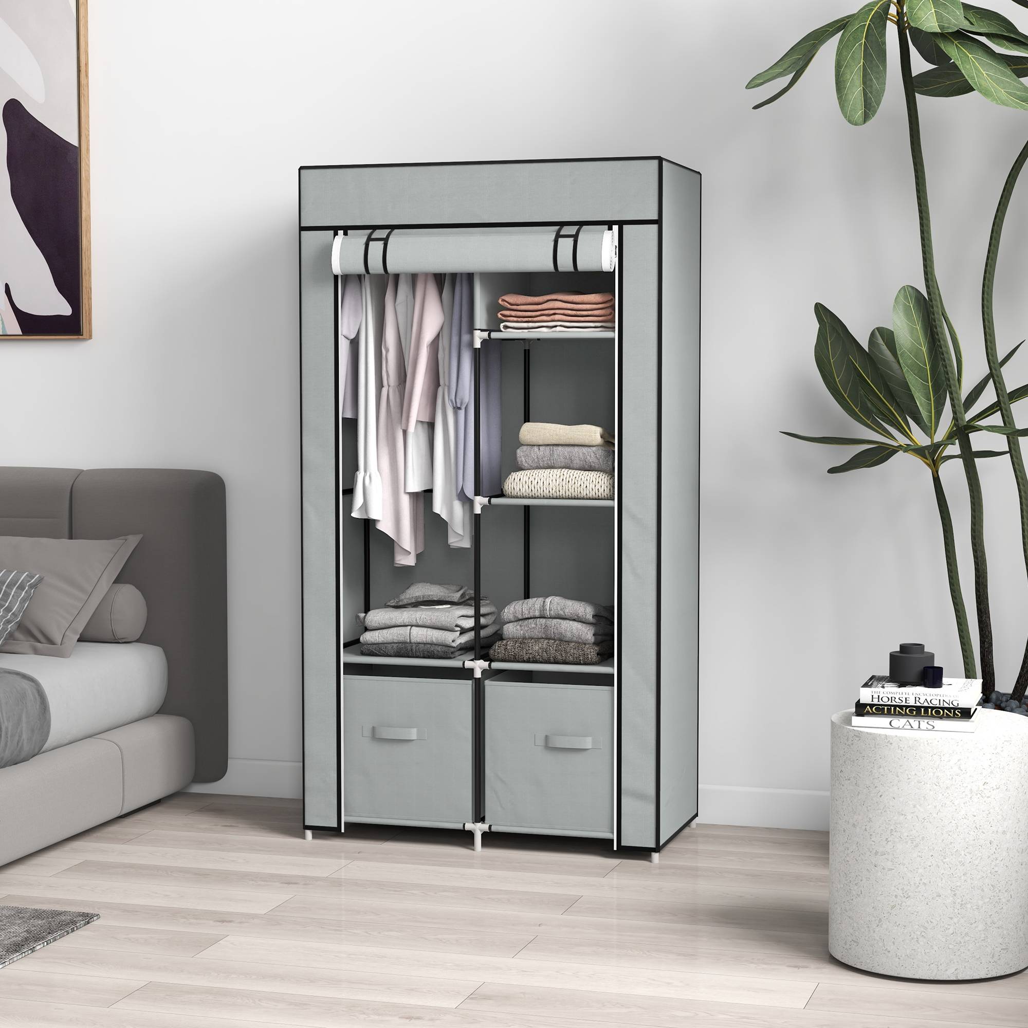 Sans Marque - Armoire en tissu avec 1 tringle et 2 tiroirs, 83 x 42,5 x 162,5 cm, grise - Image 4