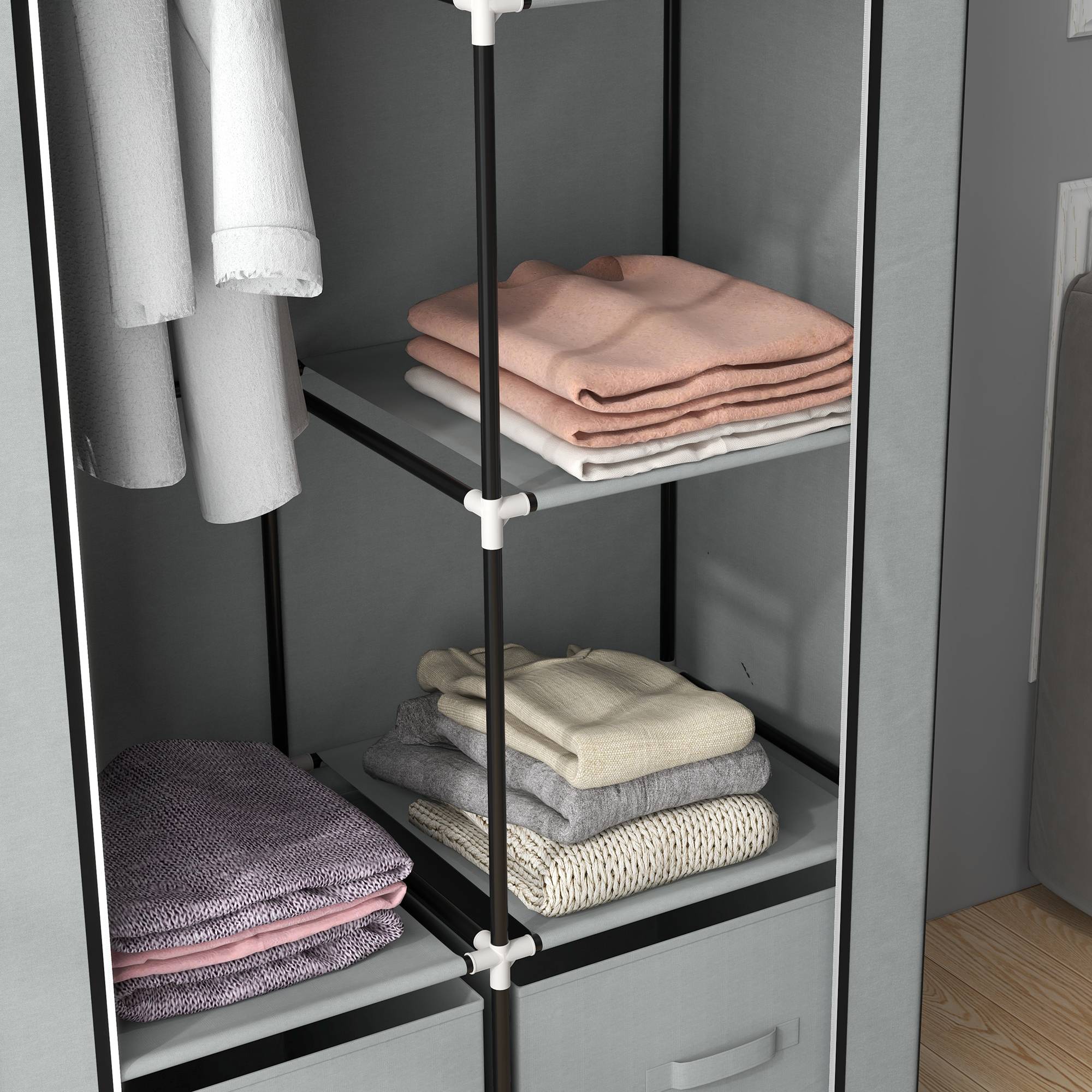 Sans Marque - Armoire en tissu avec 1 tringle et 2 tiroirs, 83 x 42,5 x 162,5 cm, grise - Image 9