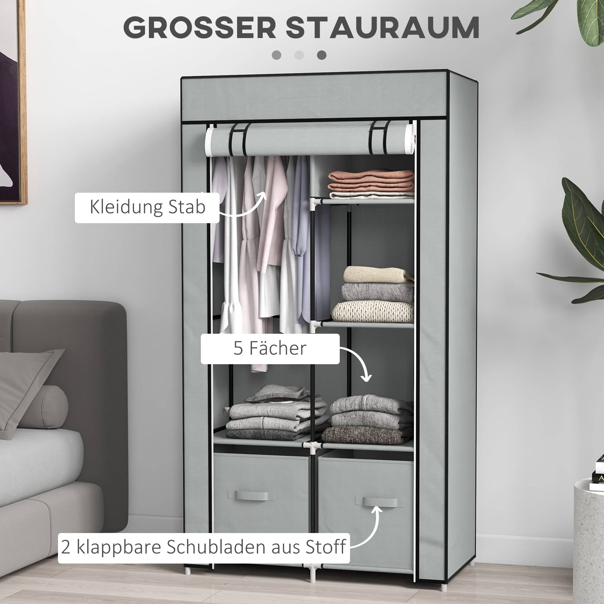 Sans Marque - Armoire en tissu avec 1 tringle et 2 tiroirs, 83 x 42,5 x 162,5 cm, grise - Image 6