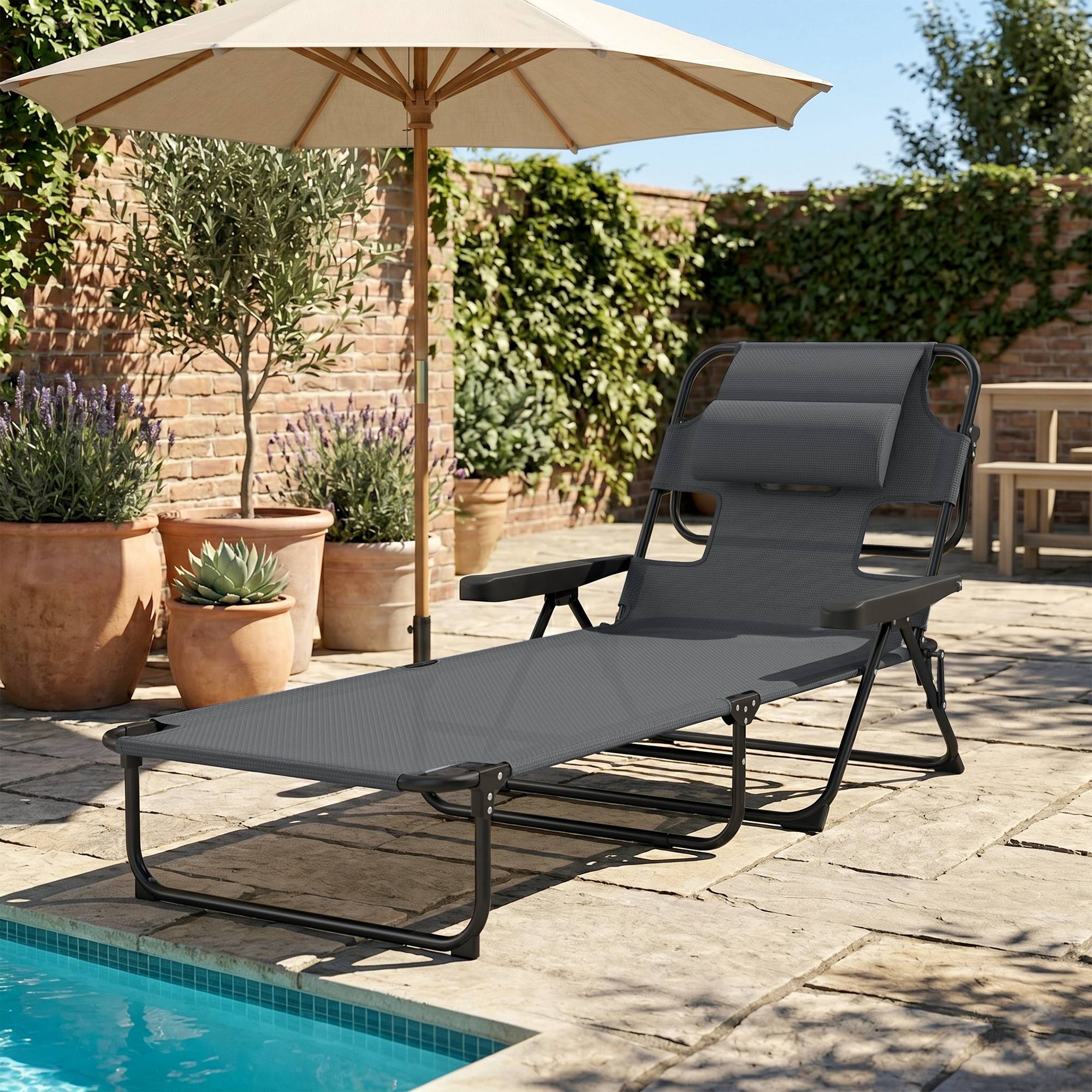 Transat, chaise longue de jardin, chaise longue de détente, pliable, résistant aux intempéries, 194 cm x 72 cm x 89 cm, noir et gris foncé - Image 3