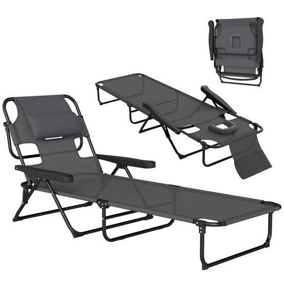 Transat, chaise longue de jardin, chaise longue de détente, pliable, résistant aux intempéries, 194 cm x 72 cm x 89 cm, noir et gris foncé - Image 1