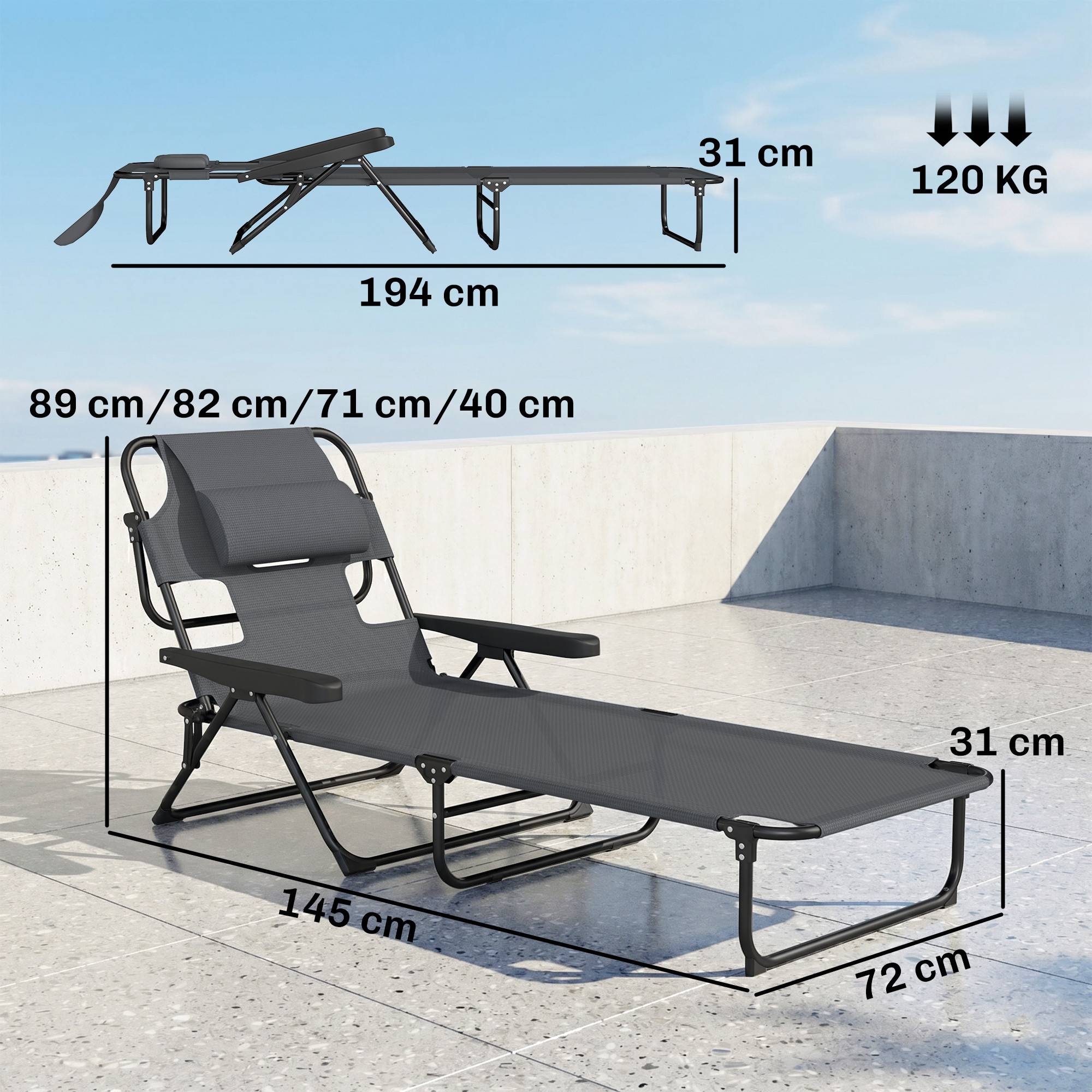 Transat, chaise longue de jardin, chaise longue de détente, pliable, résistant aux intempéries, 194 cm x 72 cm x 89 cm, noir et gris foncé - Image 5