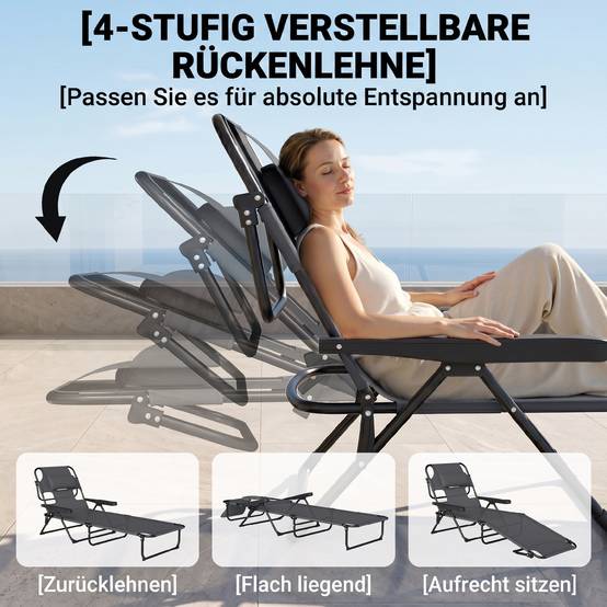Transat, chaise longue de jardin, chaise longue de détente, pliable, résistant aux intempéries, 194 cm x 72 cm x 89 cm, noir et gris foncé - Image 7