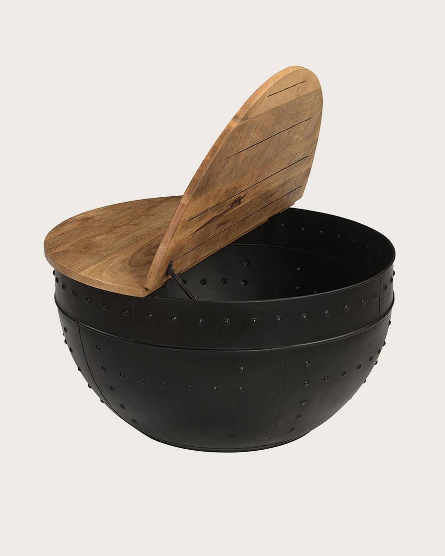 Lasco - Table basse coffre ronde en métal et bois - UNIQKA - Image 1