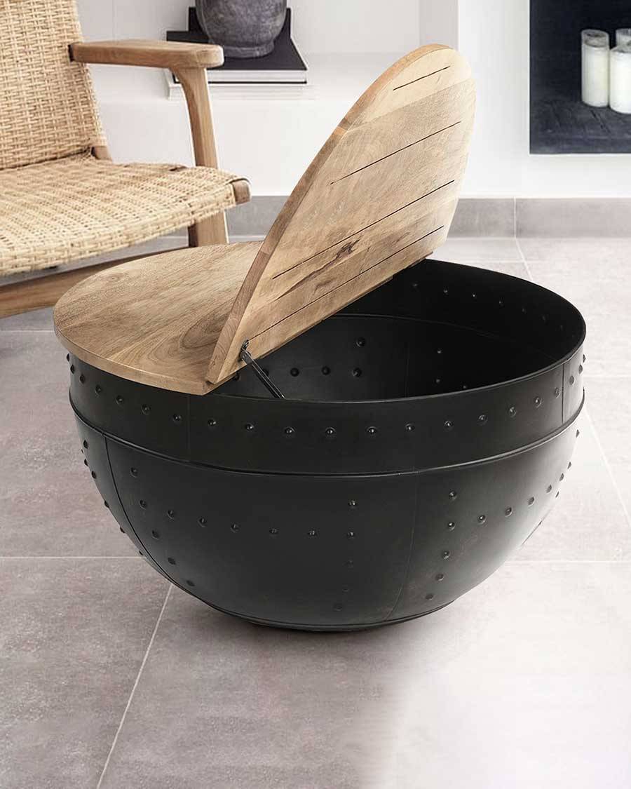Lasco - Table basse coffre ronde en métal et bois - UNIQKA - Image 2