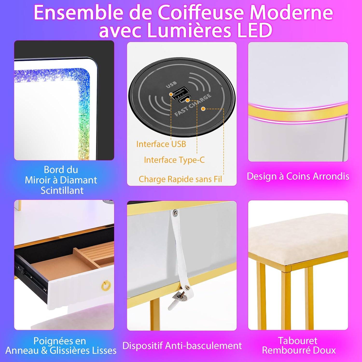 SIRHONA Ensemble de Coiffeuse 80x40x140 cm Noir avec Miroir et Tabouret