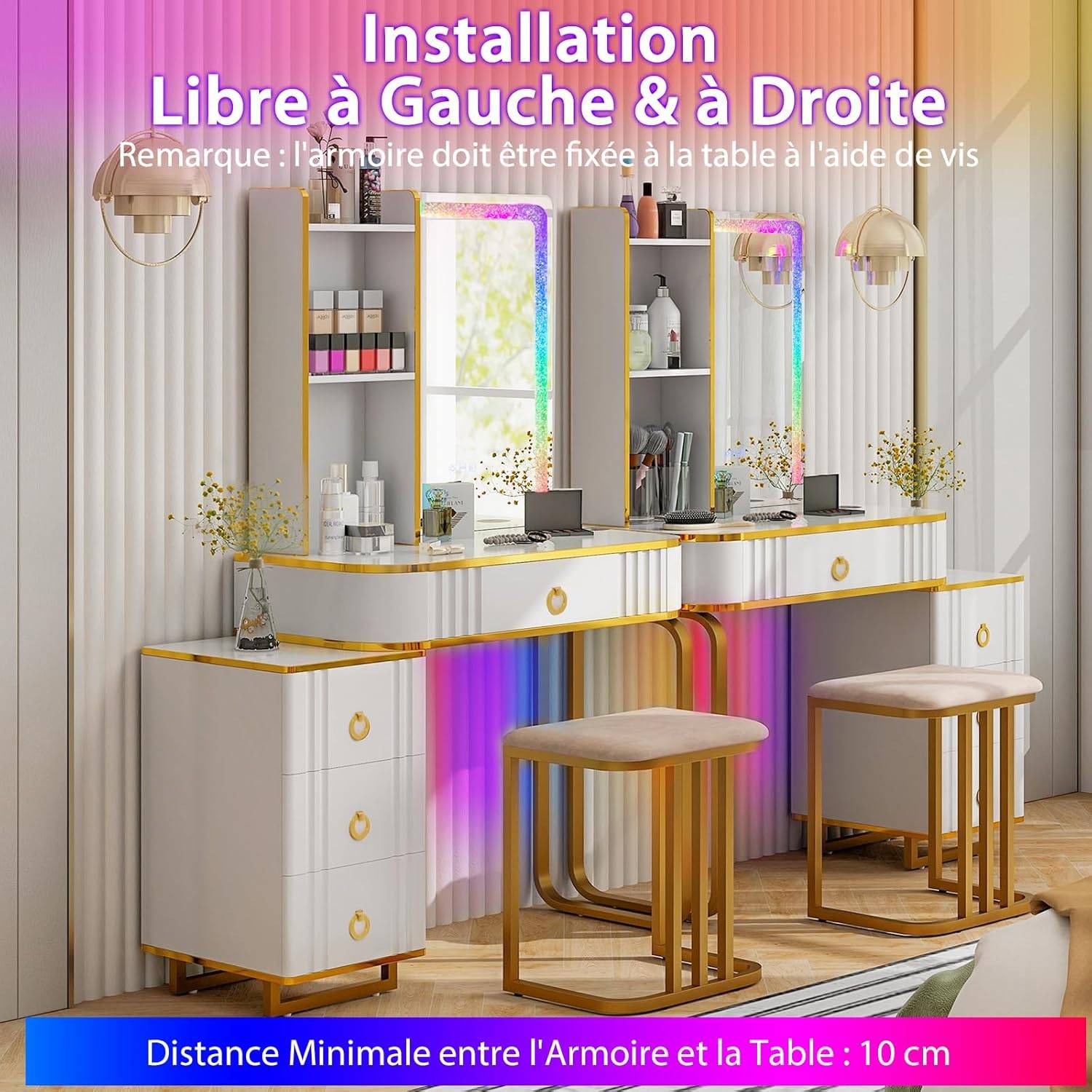 Ensemble Coiffeuse Avec Miroir LED Et Tabouret Blanc - Jooli Home