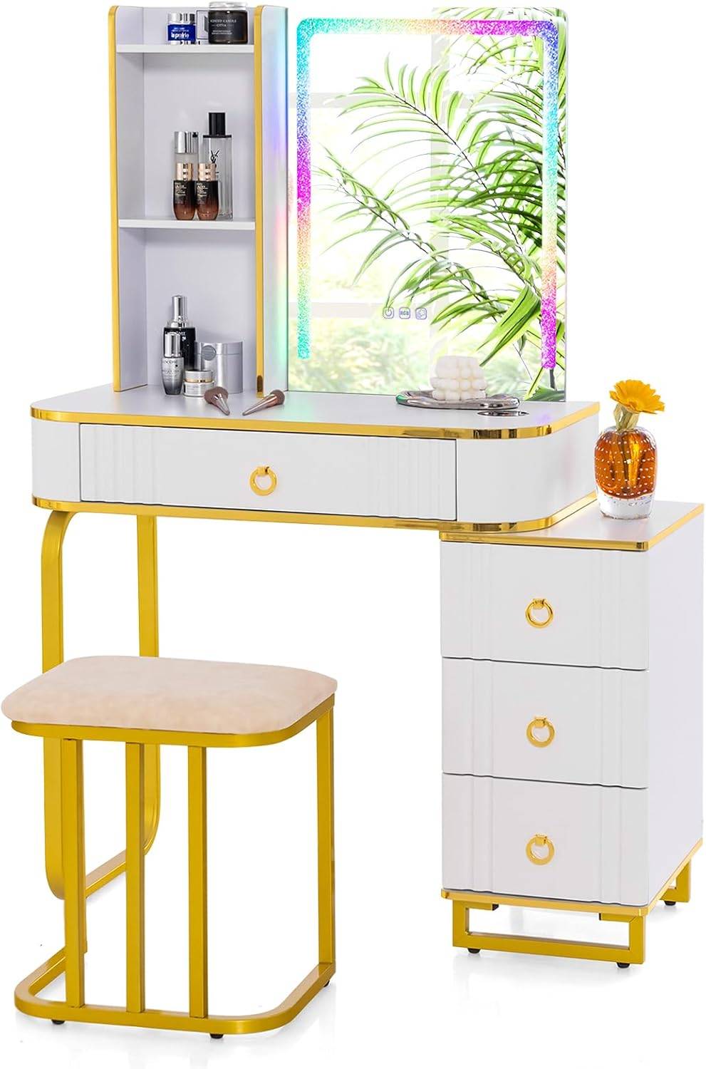 Coiffeuse YAMISSI Avec Miroir LED Et Tabouret – Blanche, 6 Tiroirs – Neuve