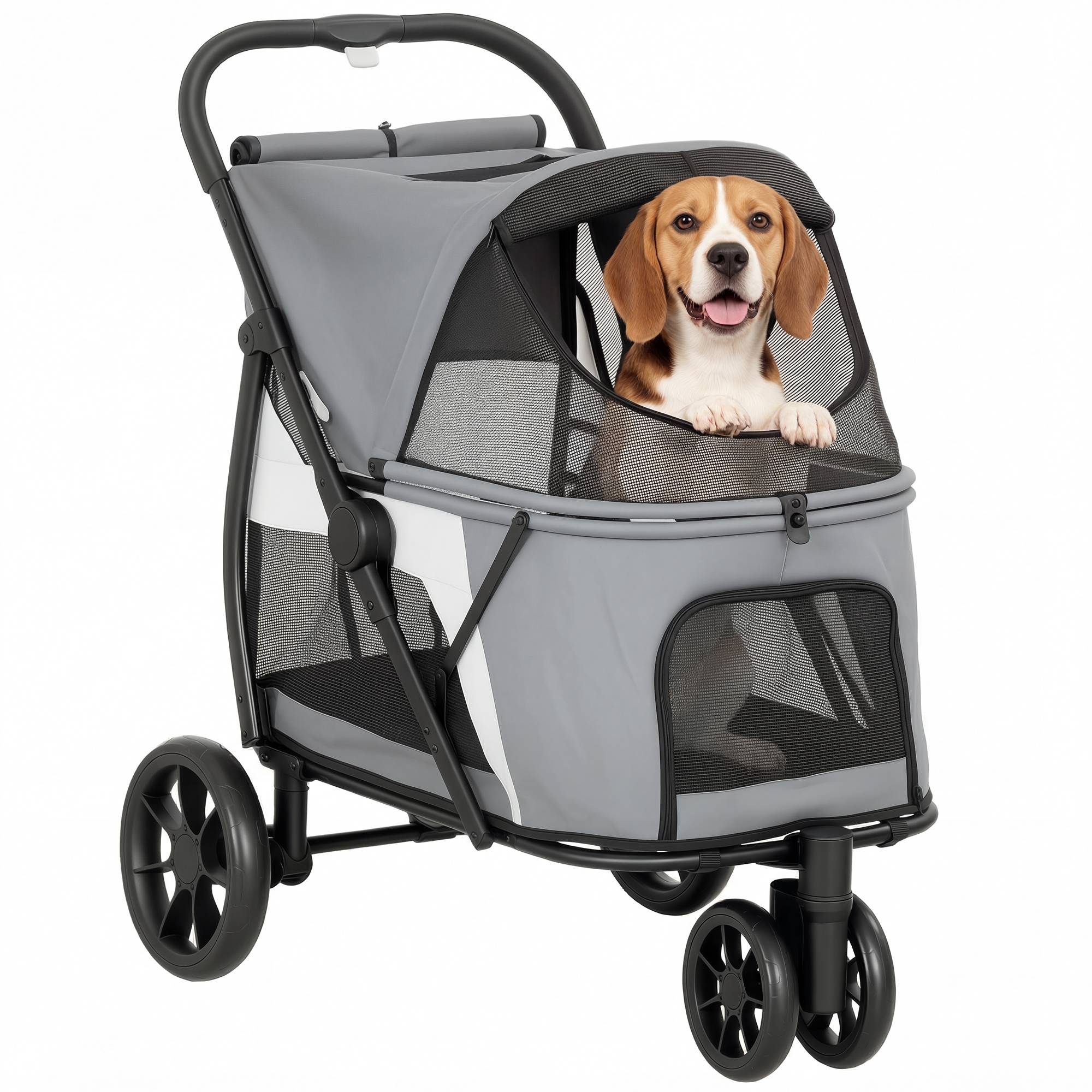 Poussette chien pliable, coussin lavable, filets, 3 roues, chiens moyens 20 kg, gris - Image 1