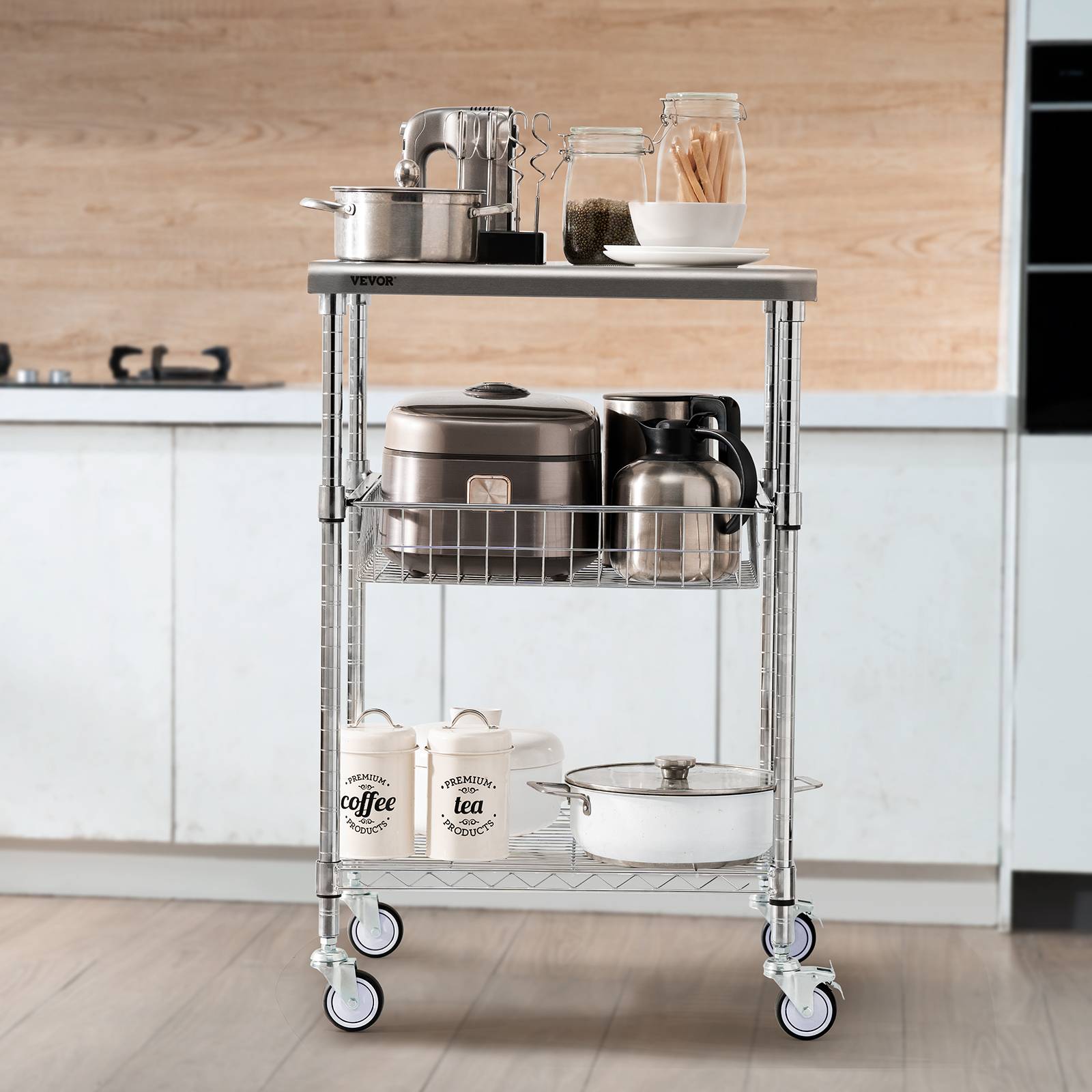 VEVOR Chariot de Rangement Desserte 3 Niveaux Cuisine 61x50,8x67,6 cm 213,2 kg - Image 8