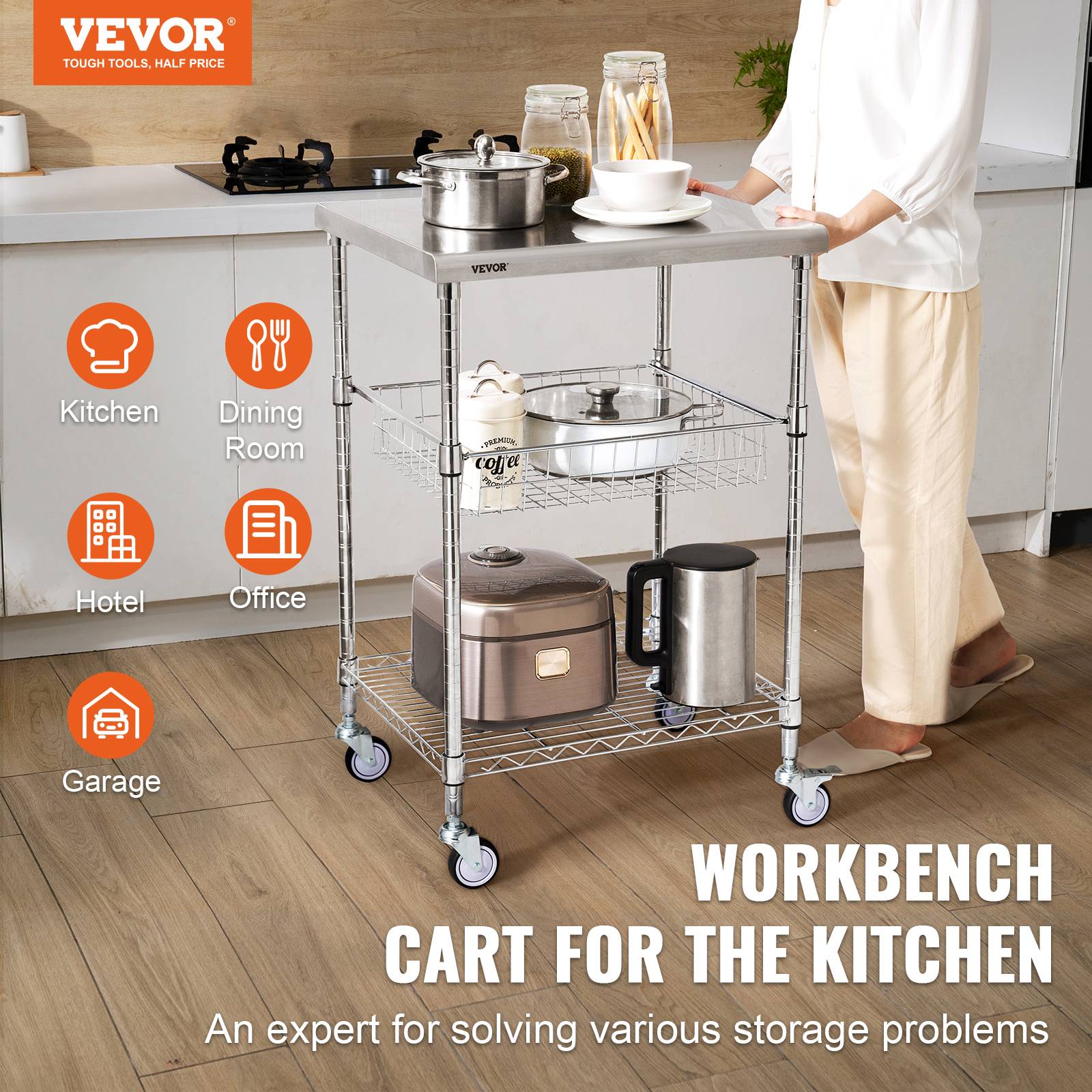 VEVOR Chariot de Rangement Desserte 3 Niveaux Cuisine 61x50,8x67,6 cm 213,2 kg - Image 2