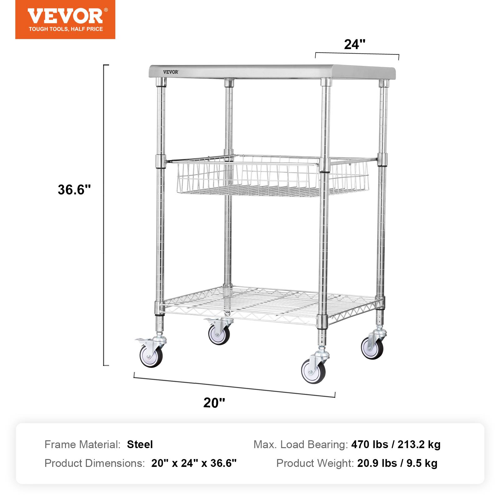 VEVOR Chariot de Rangement Desserte 3 Niveaux Cuisine 61x50,8x67,6 cm 213,2 kg - Image 7