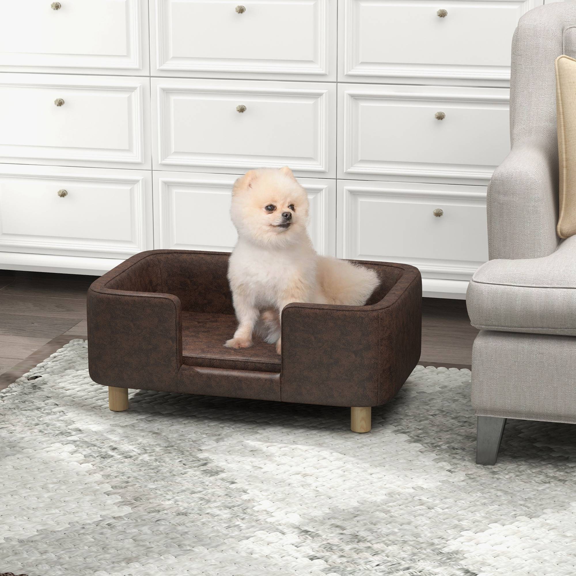 Canapé chien lit pour chien chat avec rebord coussin moelleux pieds bois massif dim. 74 x 48,5 x 31 cm revêtement micro-fibre chocolat - Image 4
