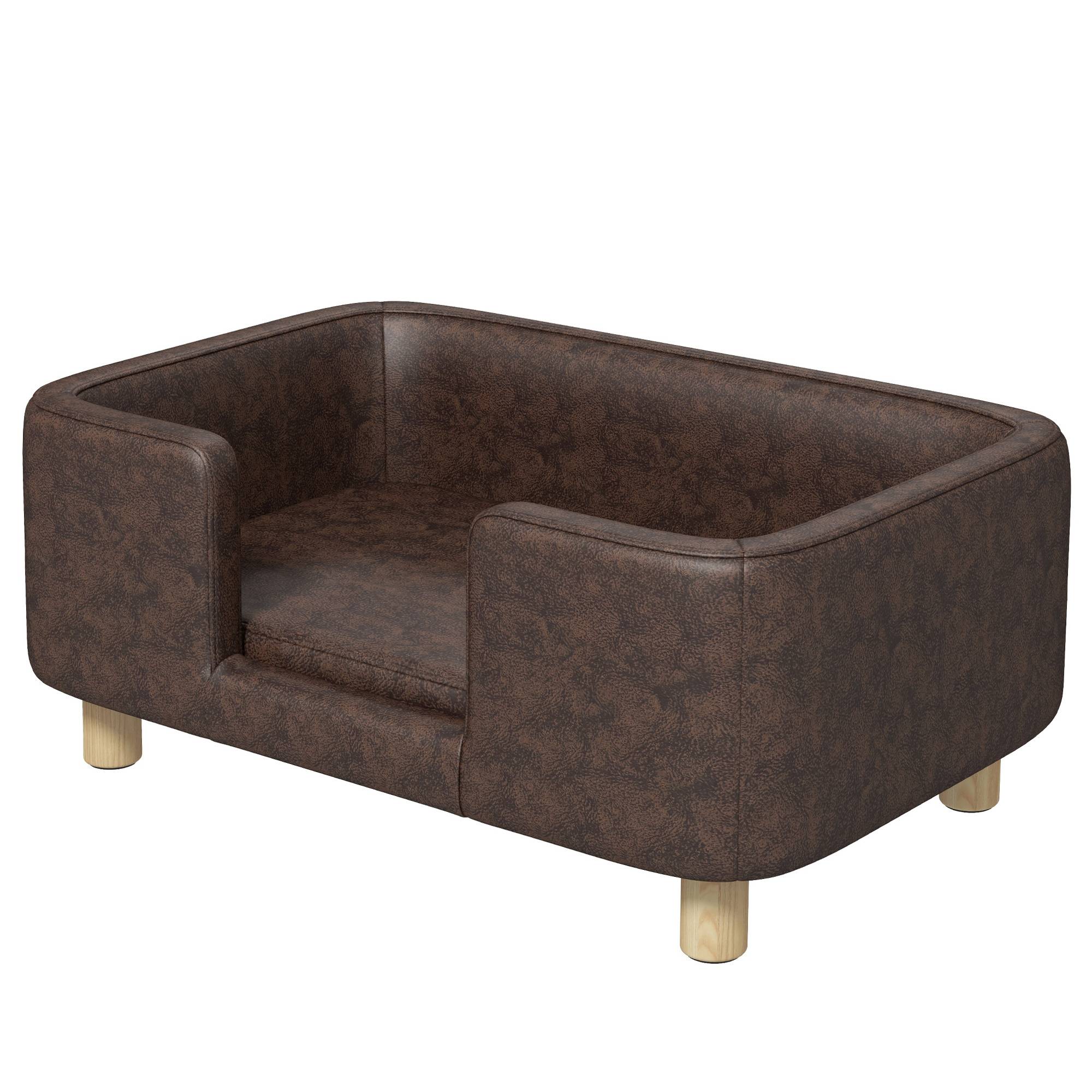 Canapé chien lit pour chien chat avec rebord coussin moelleux pieds bois massif dim. 74 x 48,5 x 31 cm revêtement micro-fibre chocolat - Image 2