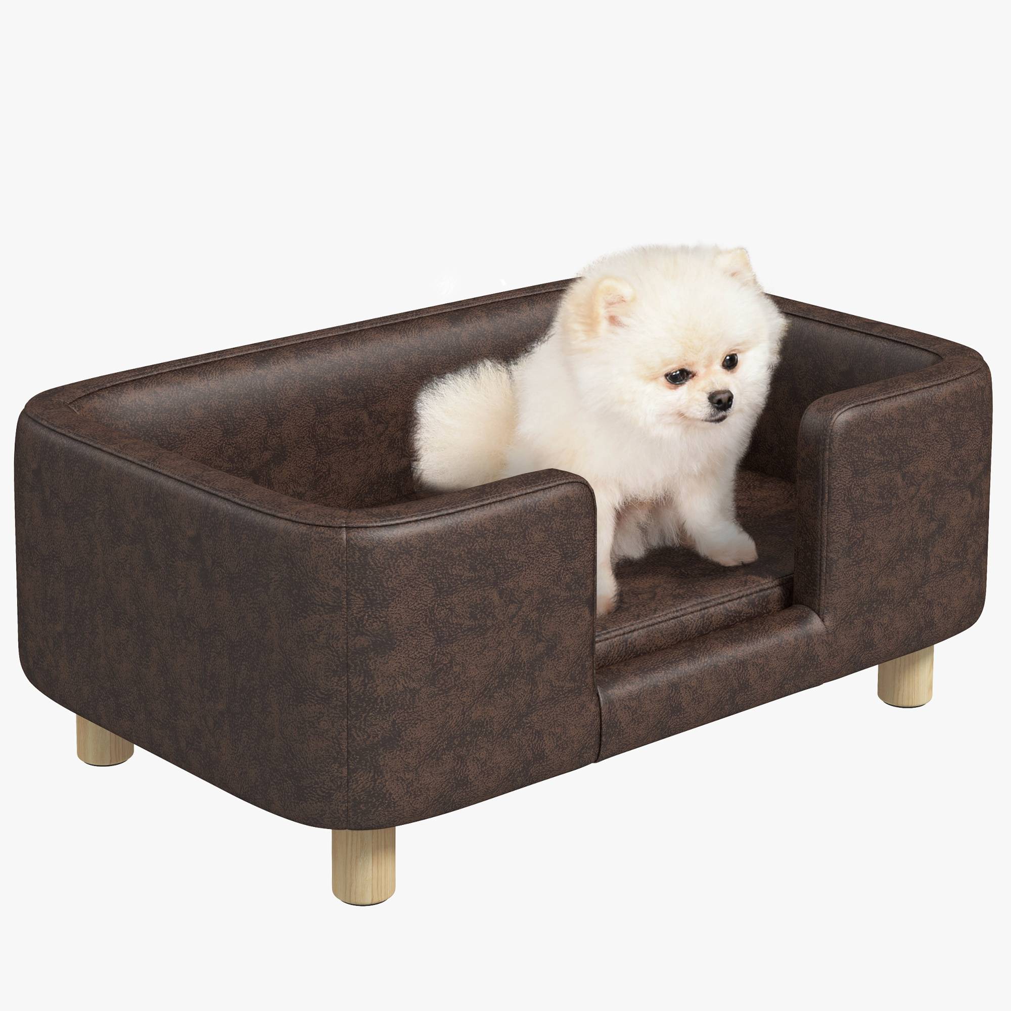 Canapé chien lit pour chien chat avec rebord coussin moelleux pieds bois massif dim. 74 x 48,5 x 31 cm revêtement micro-fibre chocolat