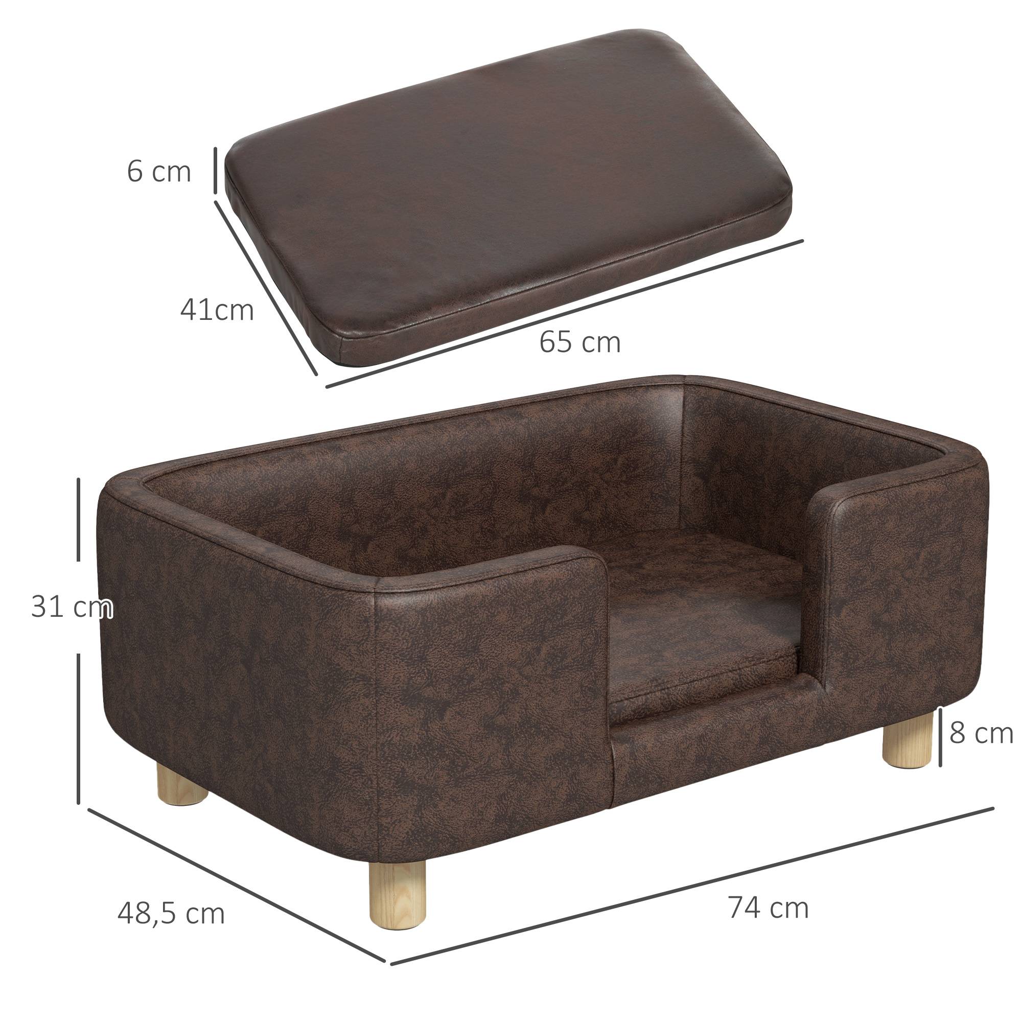 Canapé chien lit pour chien chat avec rebord coussin moelleux pieds bois massif dim. 74 x 48,5 x 31 cm revêtement micro-fibre chocolat - Image 5