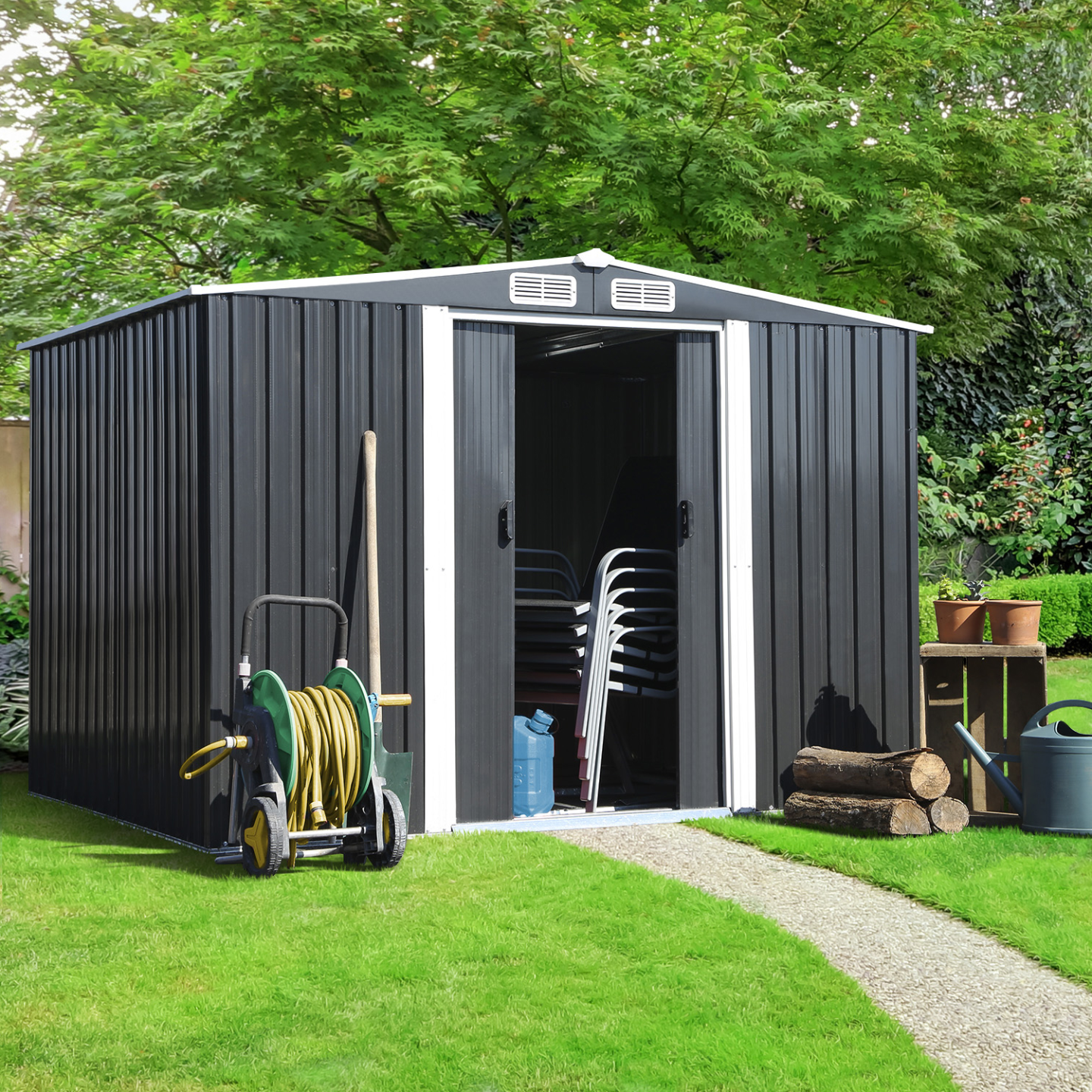 IDMARKET - Abri de jardin 5,3 M² gris en acier galvanisé avec base - Image 1