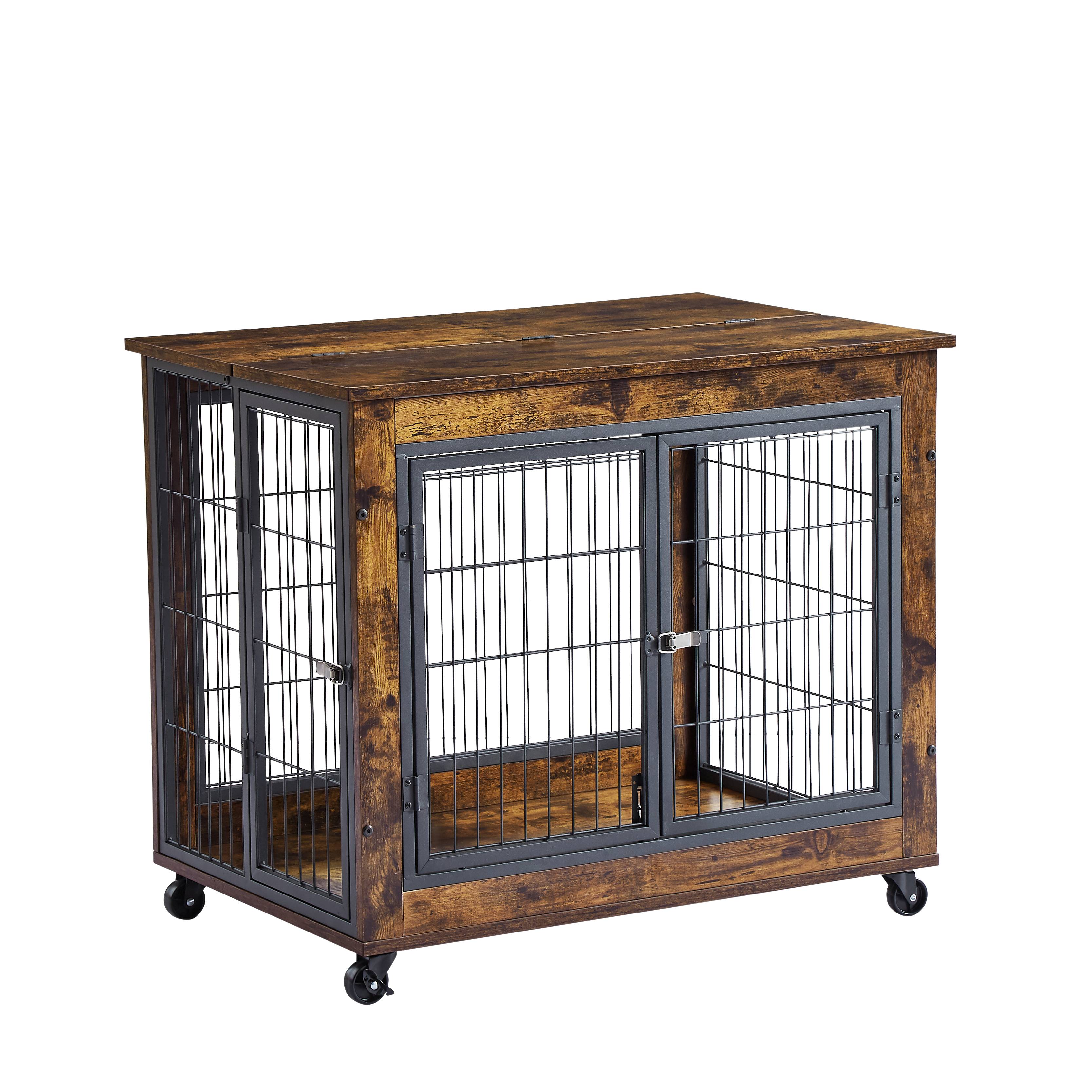 Cage pour chien en bois avec double porte et toit ouvrant, avec roulettes, vintage brun, 80 x 56 x 69.5 cm - PANGIVO - Image 6