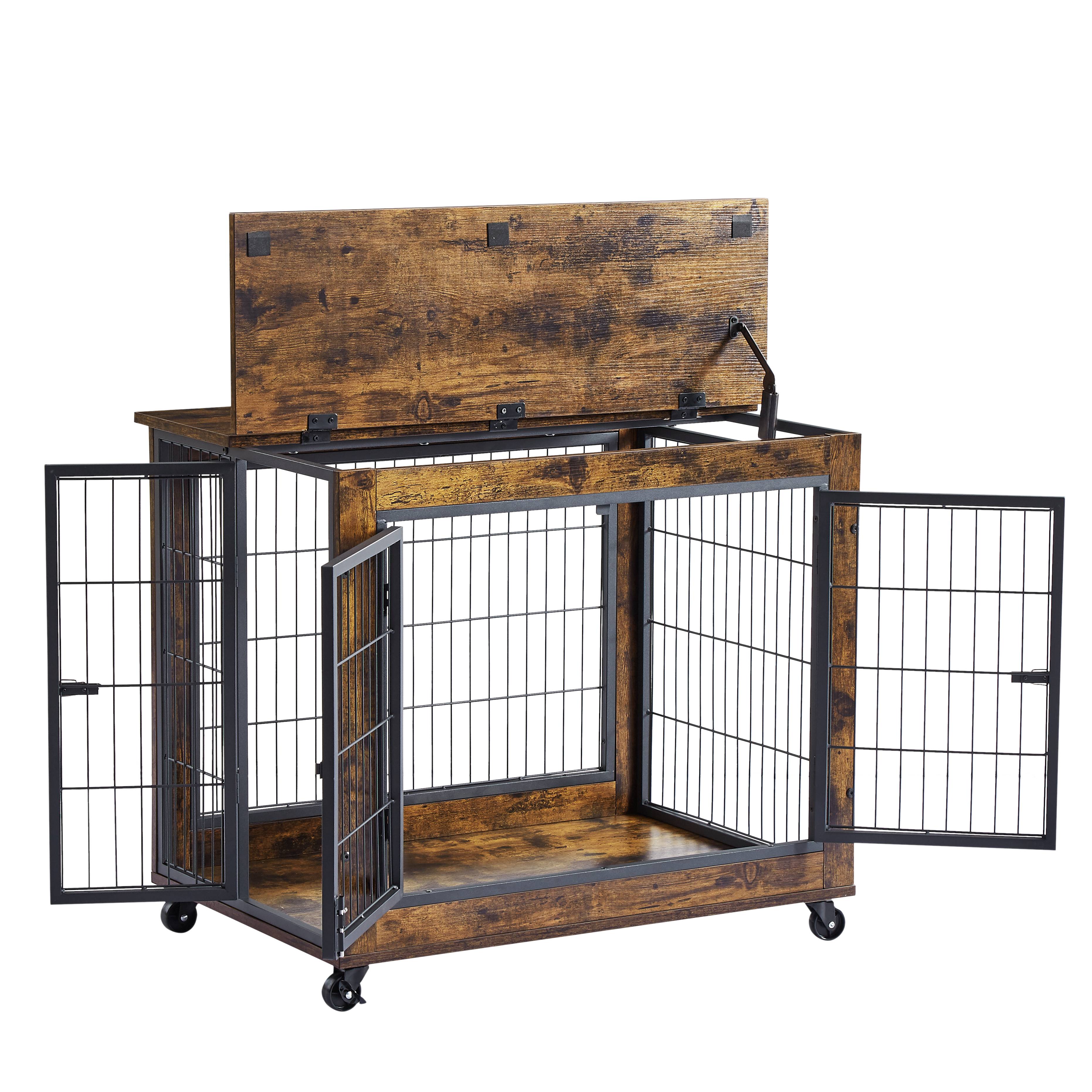 Cage pour chien en bois avec double porte et toit ouvrant, avec roulettes, vintage brun, 80 x 56 x 69.5 cm - PANGIVO - Image 5