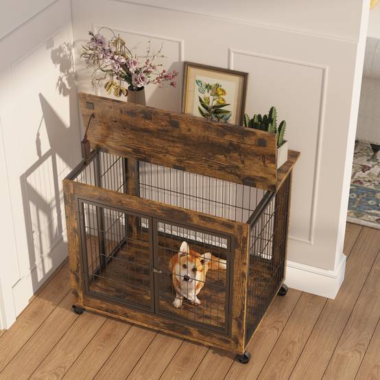 Cage pour chien en bois avec double porte et toit ouvrant, avec roulettes, vintage brun, 80 x 56 x 69.5 cm - PANGIVO - Image 3