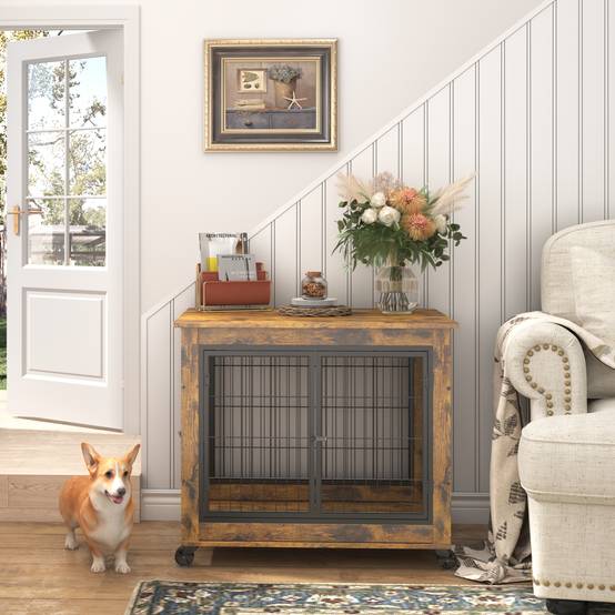 Cage pour chien en bois avec double porte et toit ouvrant, avec roulettes, vintage brun, 80 x 56 x 69.5 cm - PANGIVO - Image 2