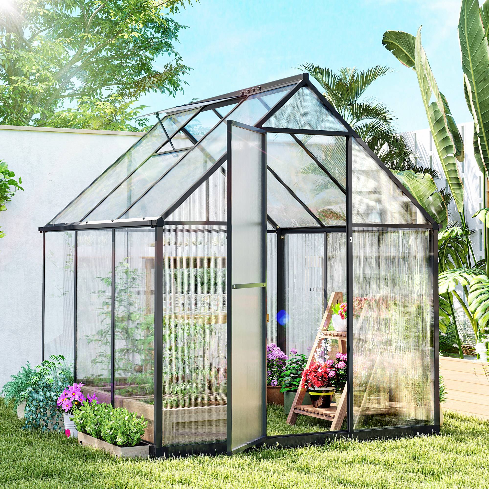 Serre Jardin Polycarbonate Plantes Porte Battante Fenêtre Réglable 178x168x195cm Transparent - ComfortXL Outdoor Living - Image 3