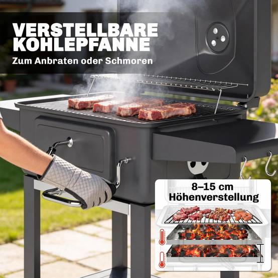 ComfortXL - Barbecue à charbon métal noir 0,23 m² jardin couvercle fumoir thermomètre chaleur réglable et chariot mobile - Image 5