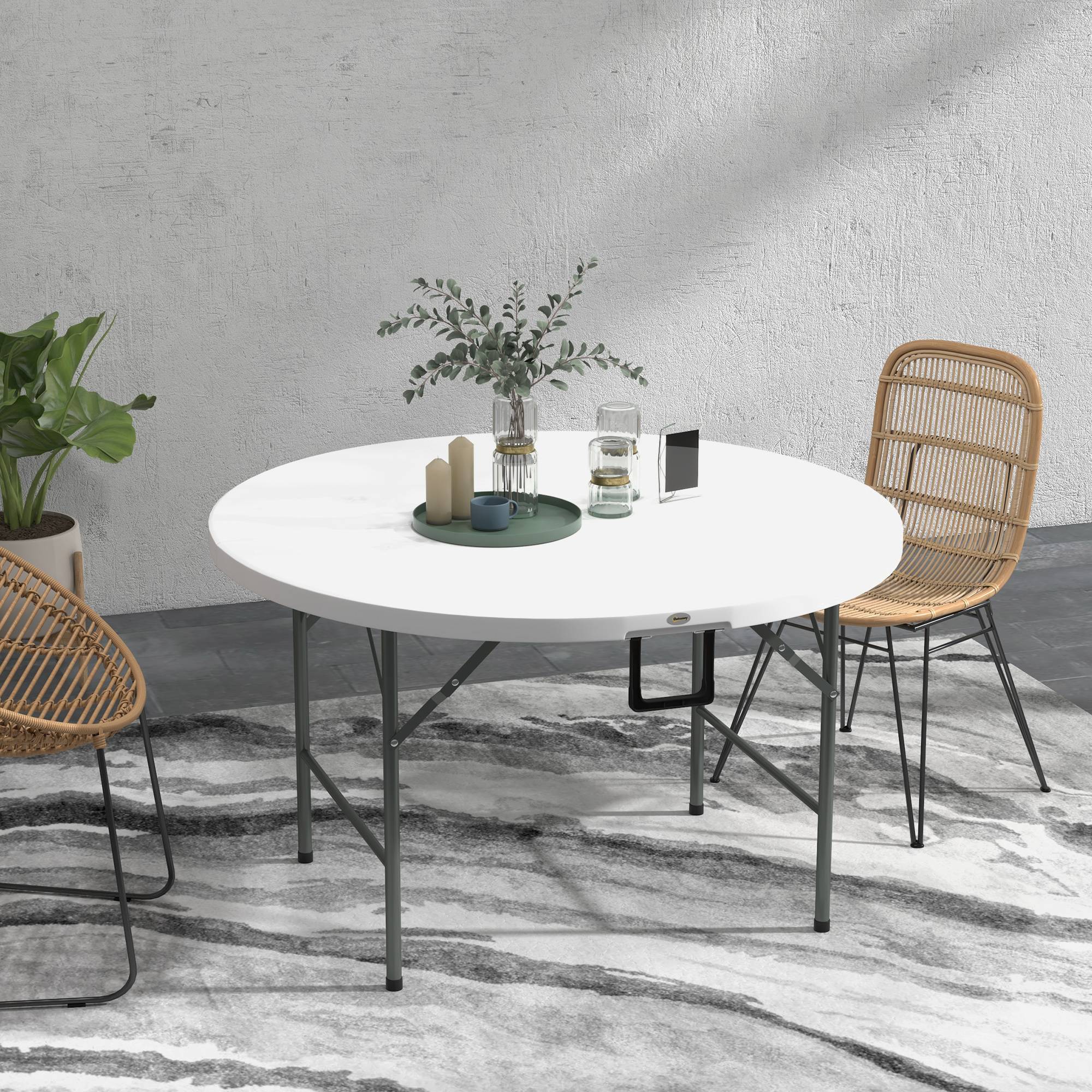 ComfortXL - Table de jardin ronde pliante Acier HDPE Pique-nique Camping Valise 122cm Blanc - ComfortXL Outdoor Living - Image 3