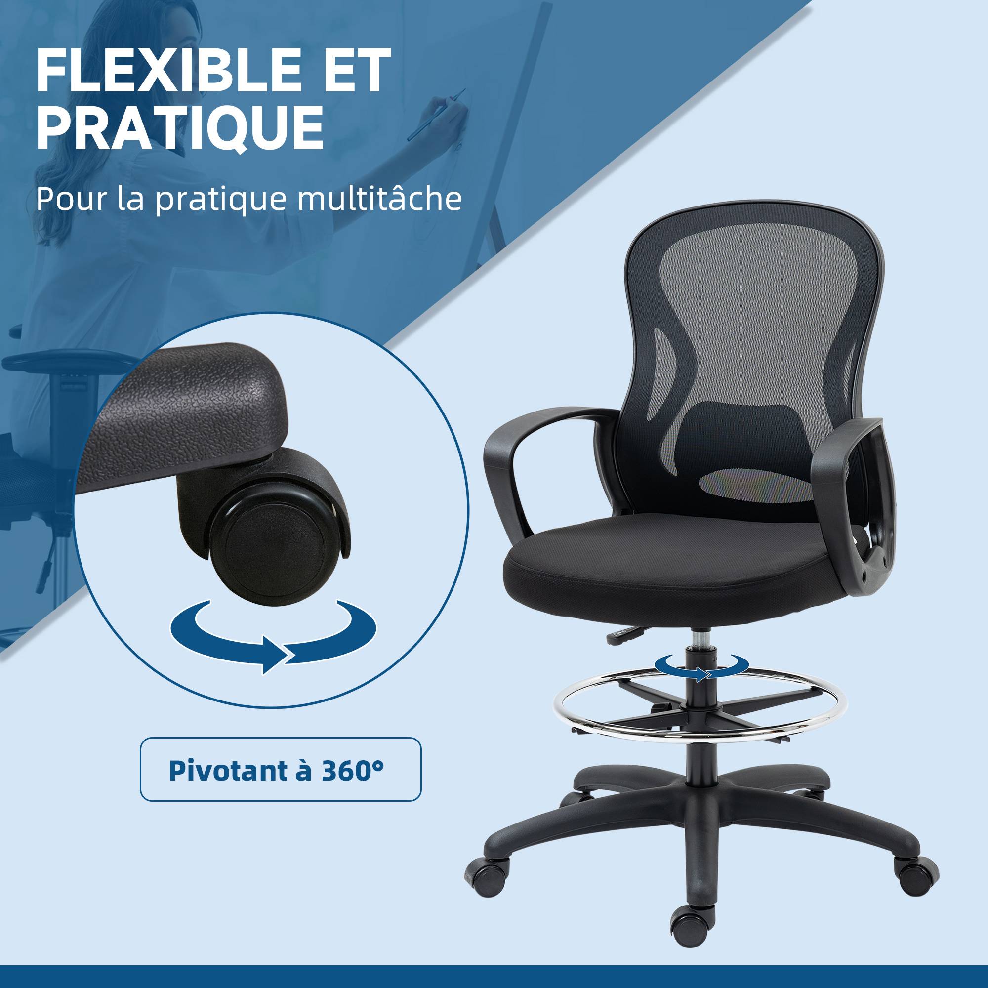 Sans Marque - Chaise de bureau assise haute fauteuil de bureau en maille hauteur réglable pivotant avec repose-pied noir - Image 9