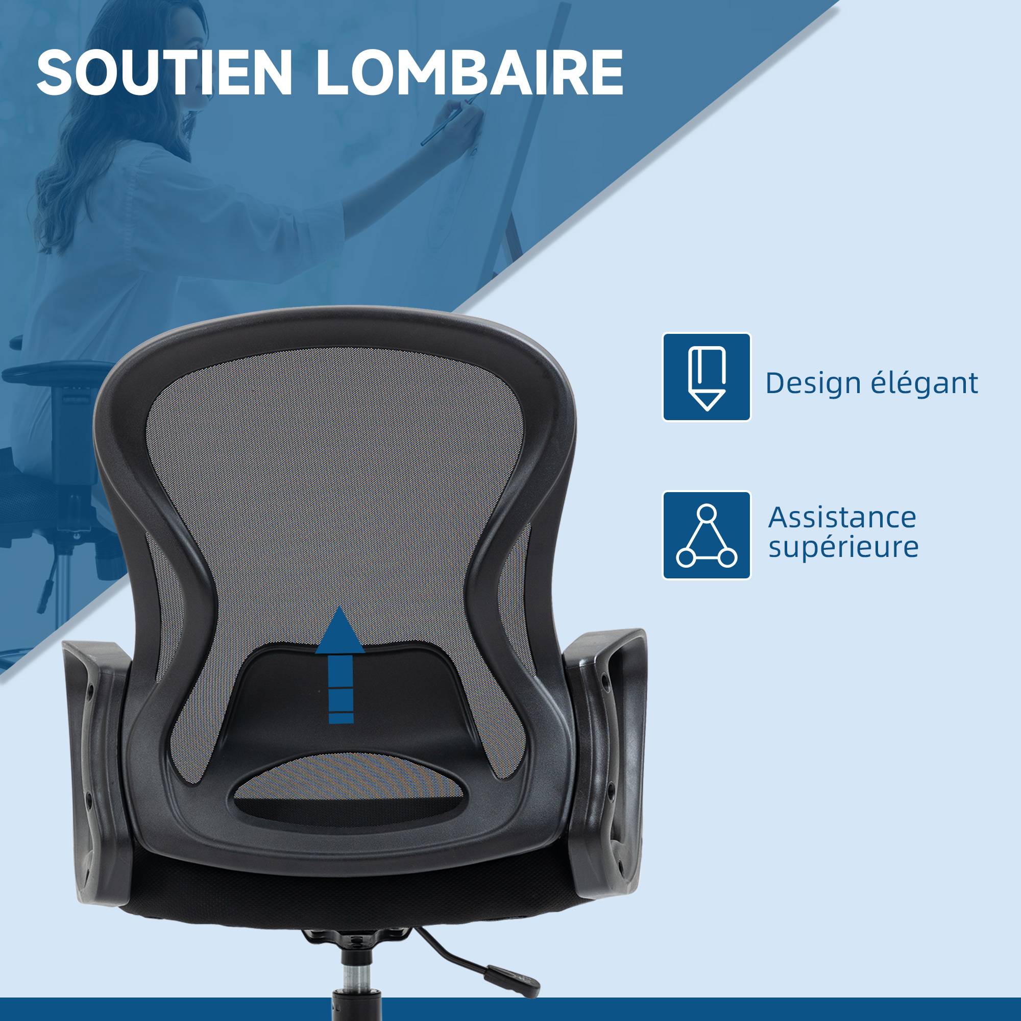 Sans Marque - Chaise de bureau assise haute fauteuil de bureau en maille hauteur réglable pivotant avec repose-pied noir - Image 8