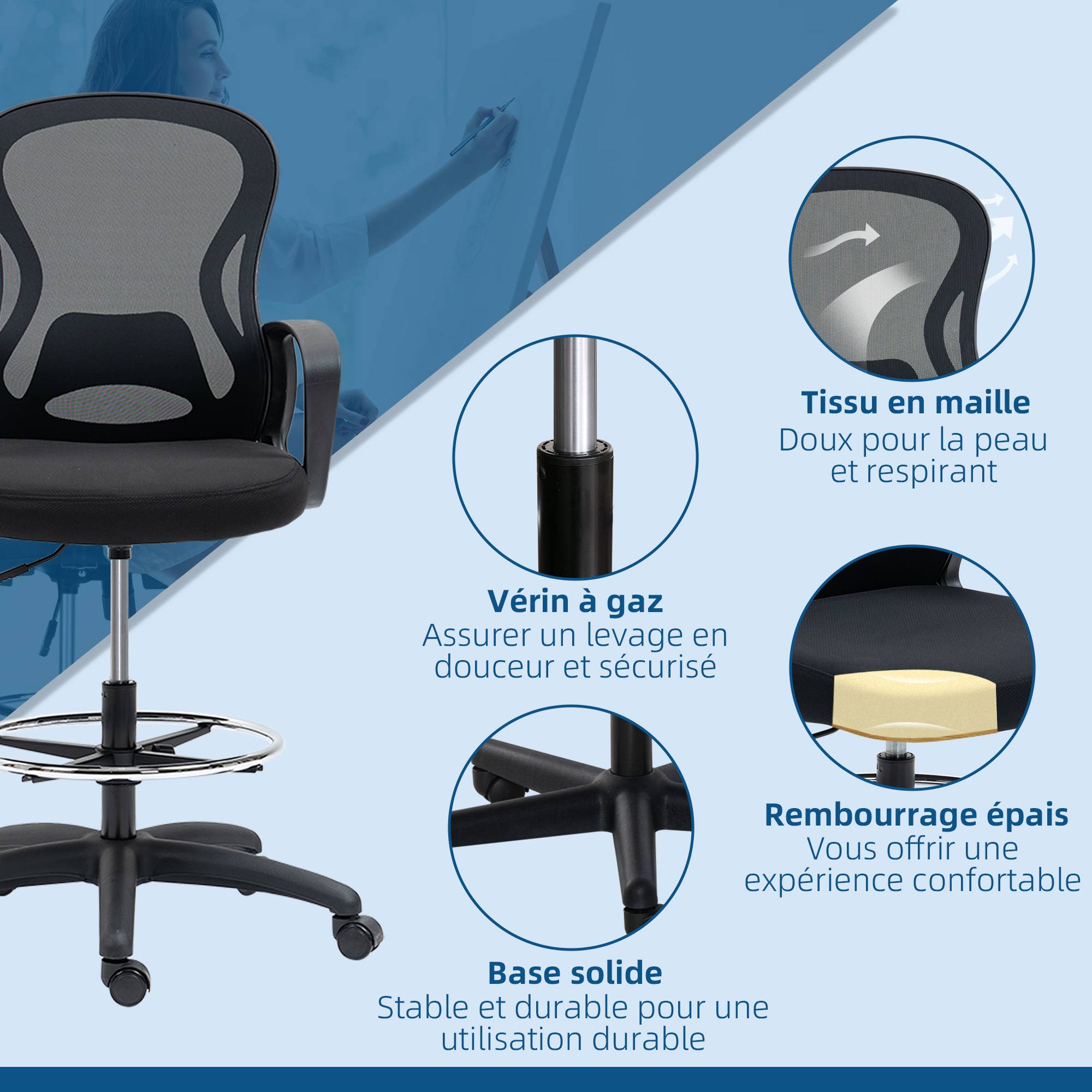 Sans Marque - Chaise de bureau assise haute fauteuil de bureau en maille hauteur réglable pivotant avec repose-pied noir - Image 10