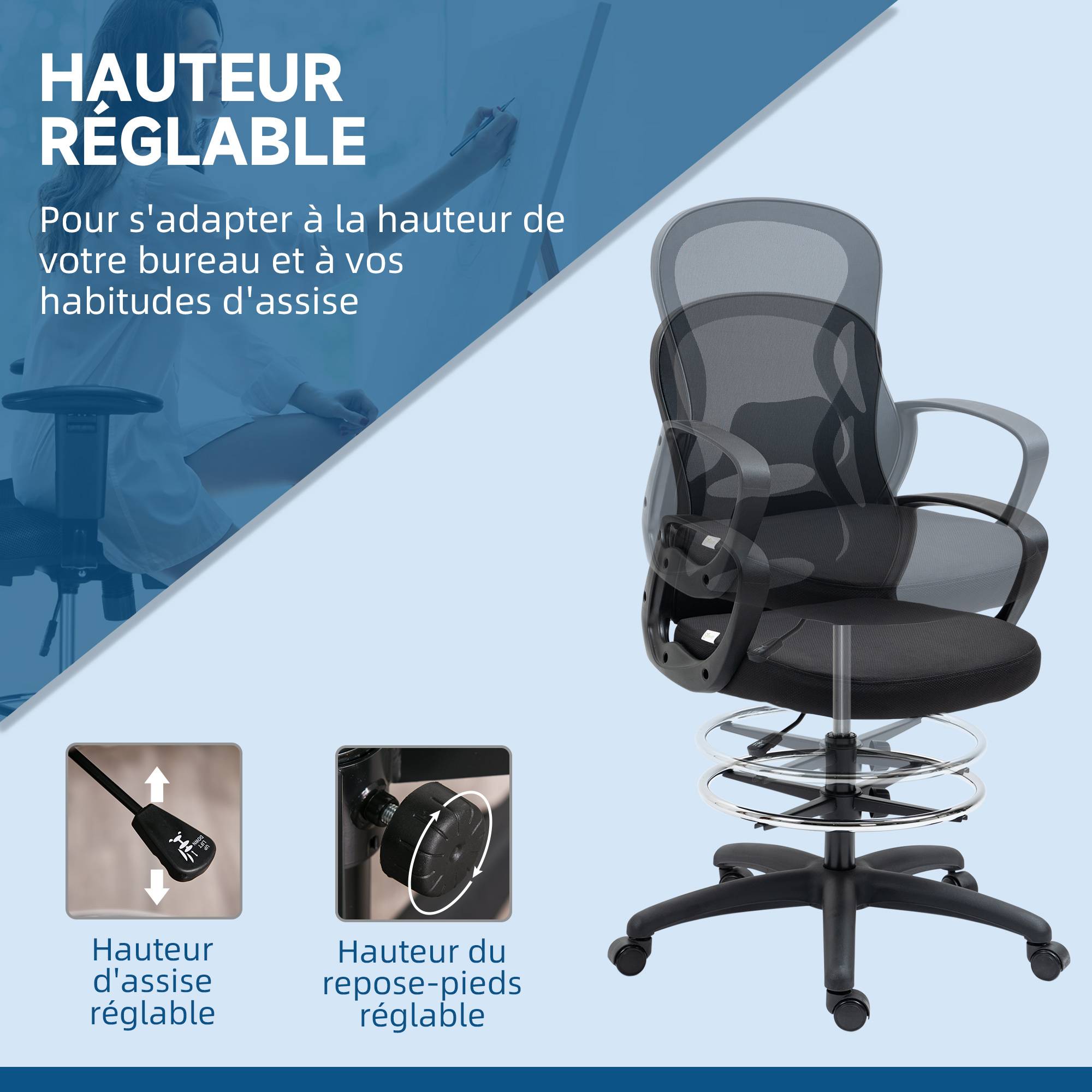 Sans Marque - Chaise de bureau assise haute fauteuil de bureau en maille hauteur réglable pivotant avec repose-pied noir - Image 6