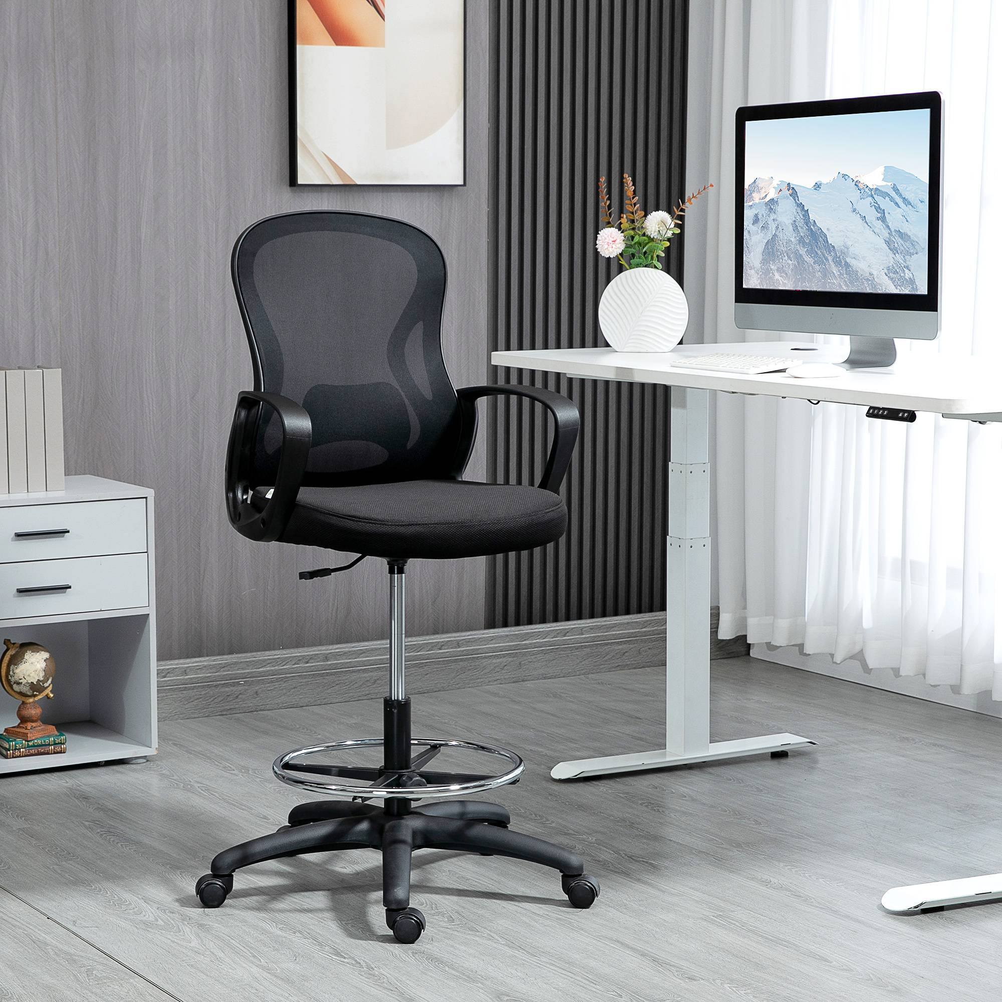 Sans Marque - Chaise de bureau assise haute fauteuil de bureau en maille hauteur réglable pivotant avec repose-pied noir - Image 4