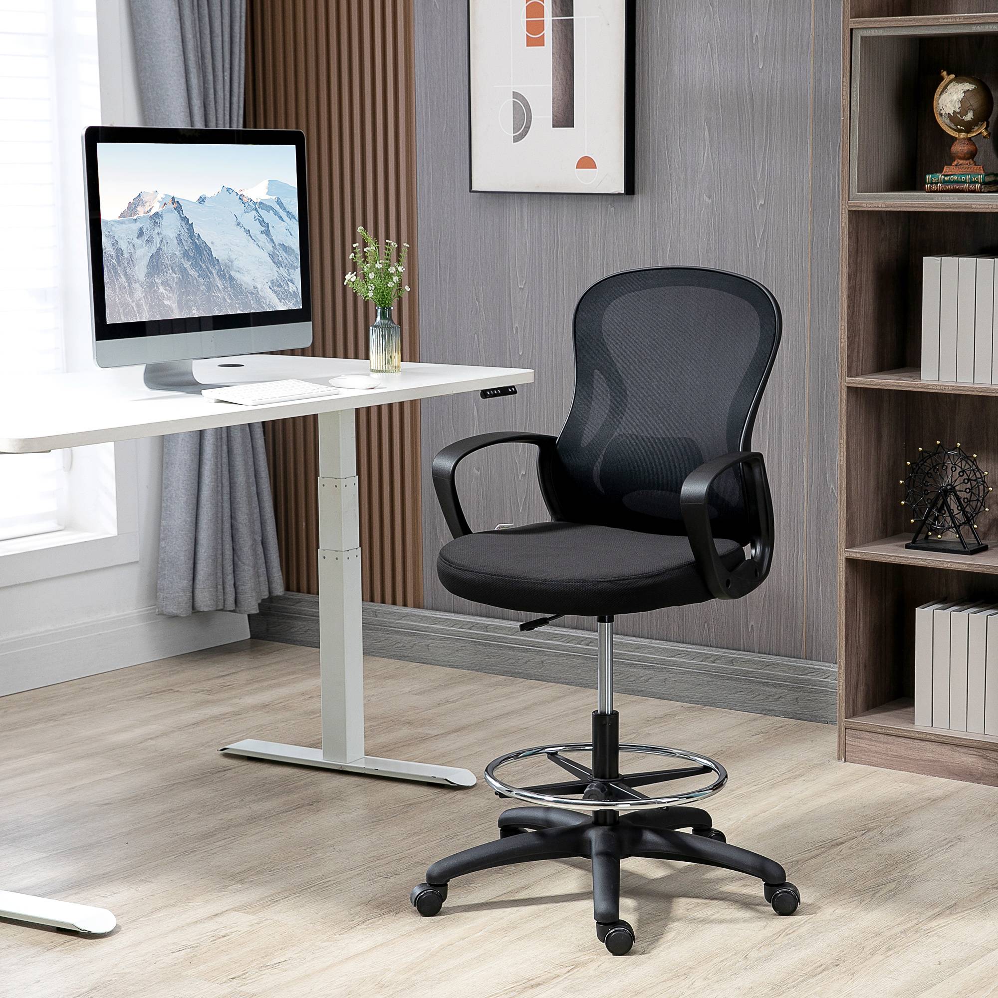 Sans Marque - Chaise de bureau assise haute fauteuil de bureau en maille hauteur réglable pivotant avec repose-pied noir - Image 3