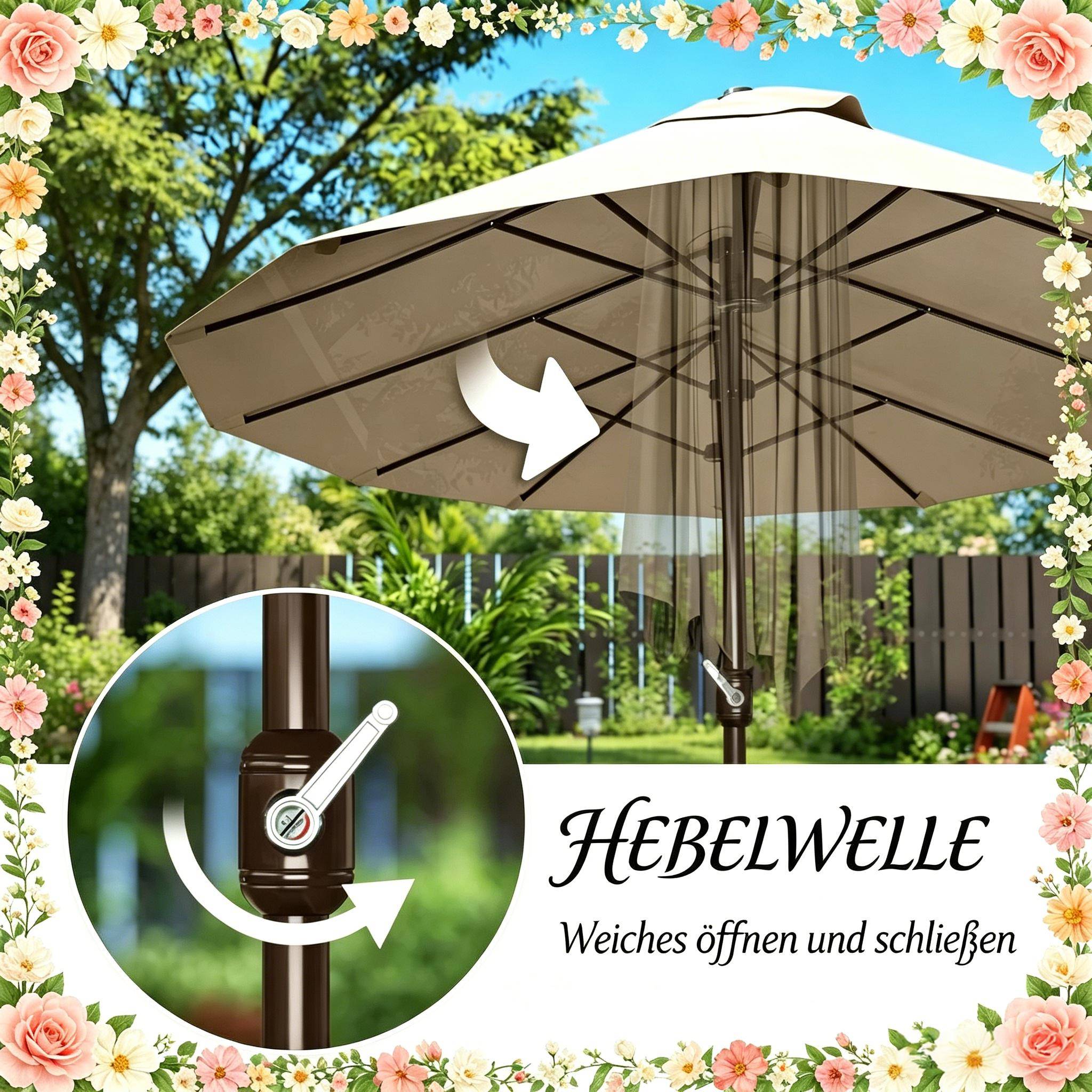 Parasol Double Rectangulaire Acier Jardin Terrasse avec Manivelle et Base 455x265cm Kaki - ComfortXL Outdoor Living - Image 8