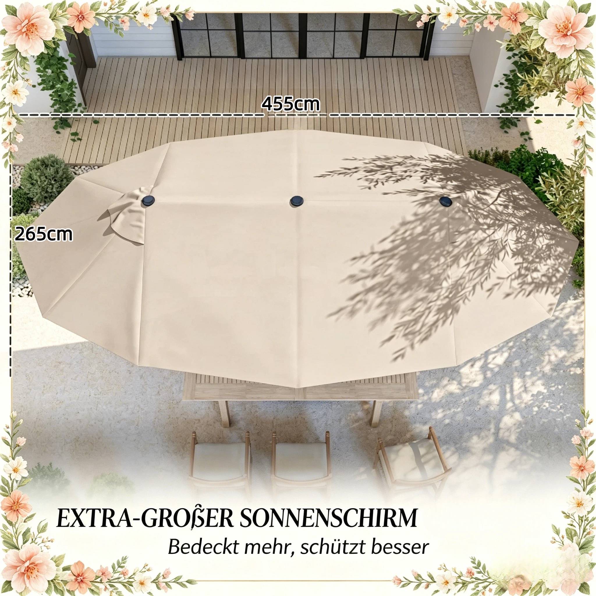 Parasol Double Rectangulaire Acier Jardin Terrasse avec Manivelle et Base 455x265cm Kaki - ComfortXL Outdoor Living - Image 4