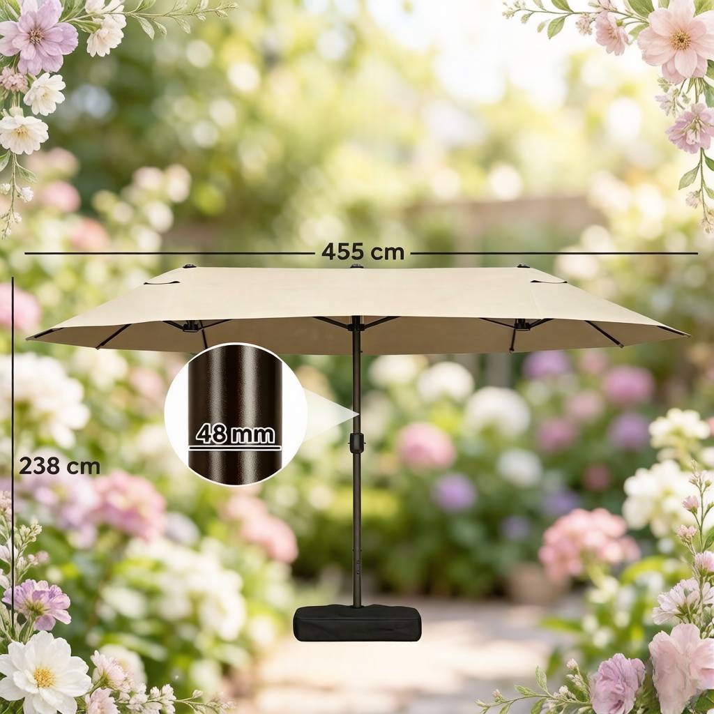 Parasol Double Rectangulaire Acier Jardin Terrasse avec Manivelle et Base 455x265cm Kaki - ComfortXL Outdoor Living - Image 7