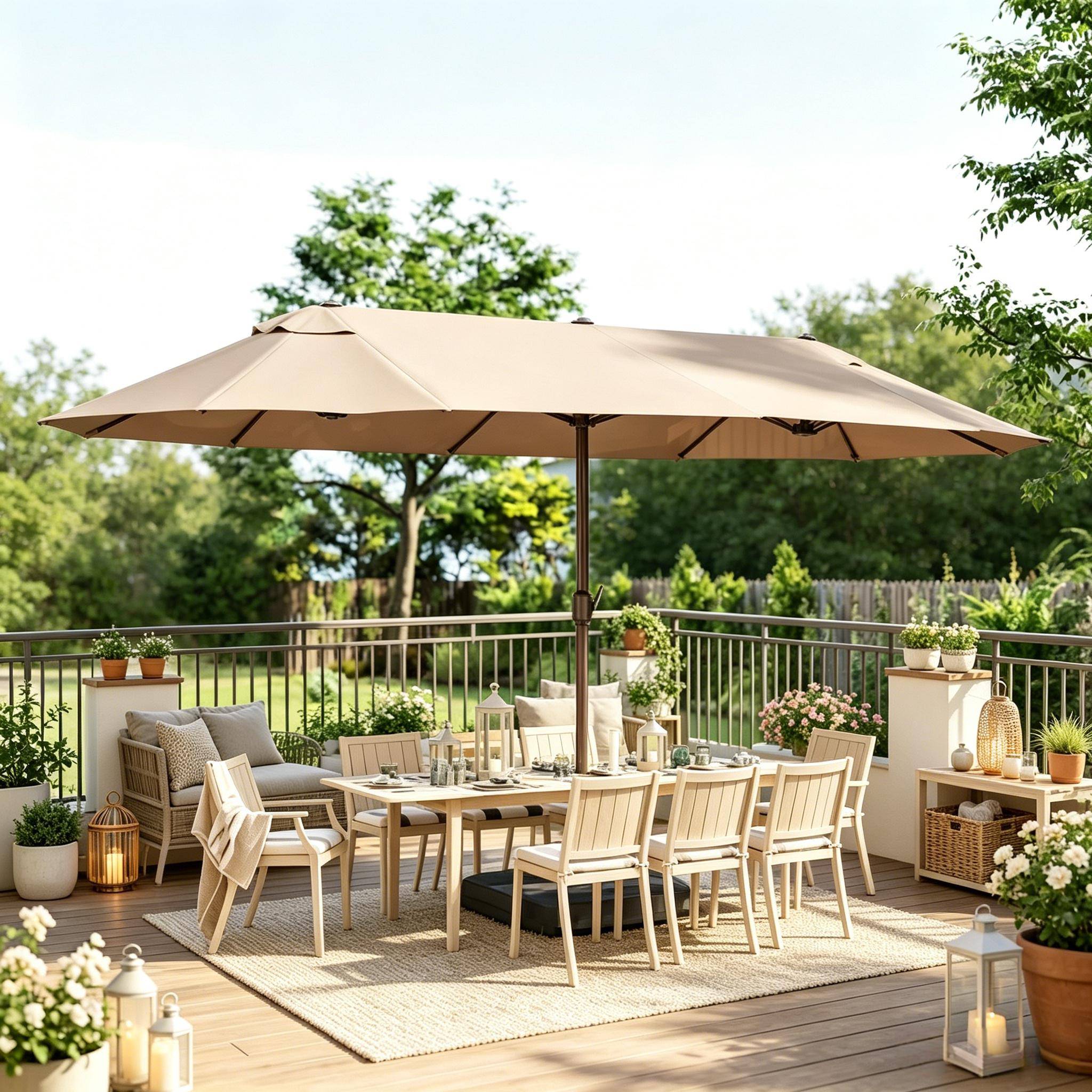 Parasol Double Rectangulaire Acier Jardin Terrasse avec Manivelle et Base 455x265cm Kaki - ComfortXL Outdoor Living - Image 5